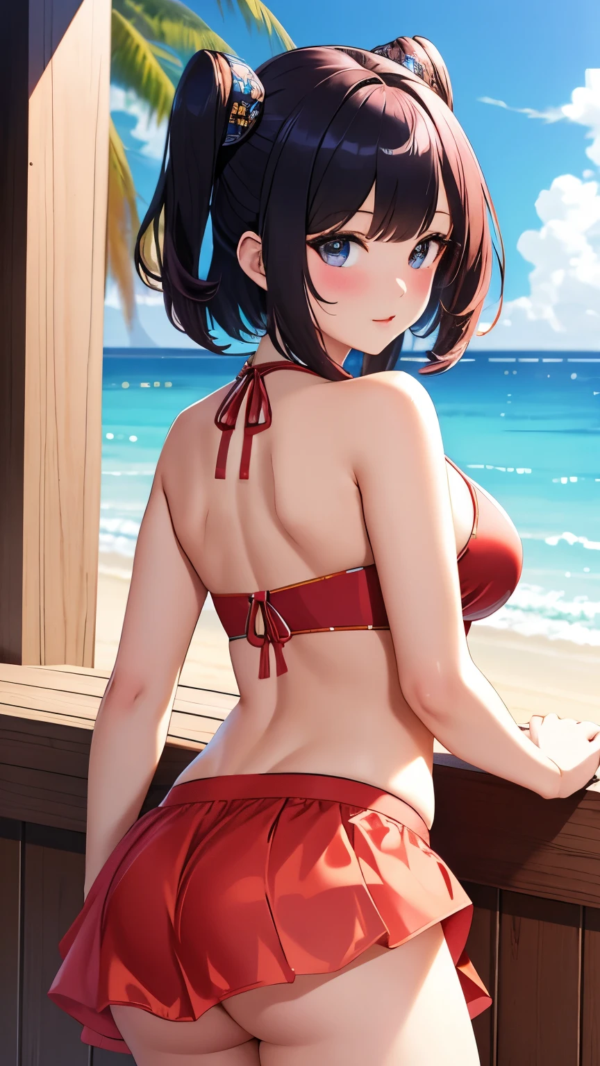 best quality, 1girl, masterpiece ultra detailed, illustration, yang guifei, glossy lips, blush, (bikini with microskirt), short hair, beach, (looking back at viewer)