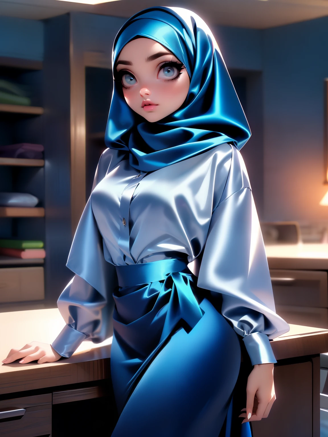 ((Masterpiece, best quality, photography, detailed skin, realistic, photo-realistic, 8k, highly detailed, full length frame, High detail RAW color art, diffused soft lighting, shallow depth of field, sharp focus, hyperrealism, cinematic lighting, hijab, a woman in a beautifully makeup, smokey eyeshadow, beautiful big eyes, long eye lashes, wearing (Dark blue satin hijab), loosely tide hijab style, ((gray satin shirt)), satin long maxi skirt, lean on office desk