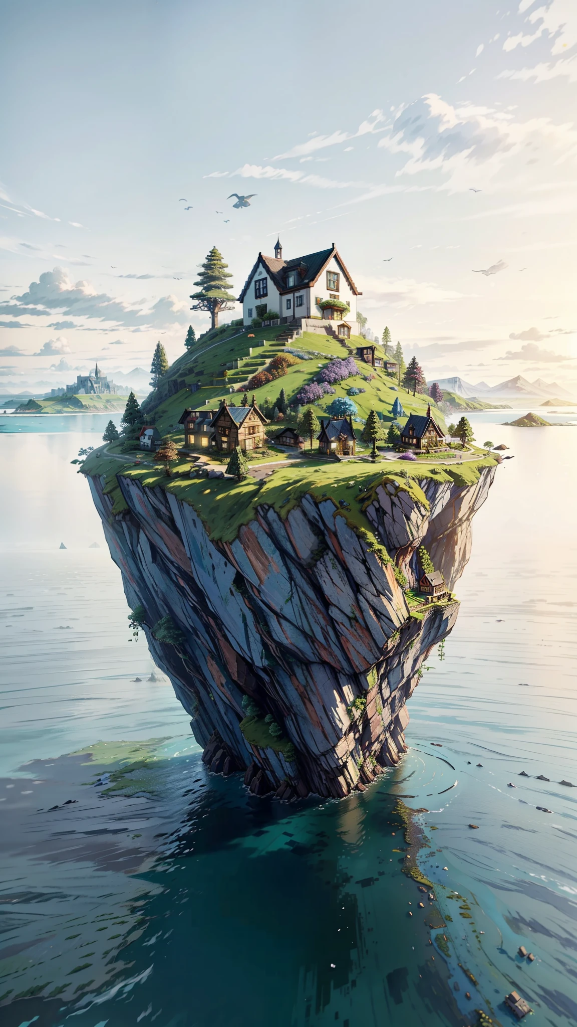 painting of a small island in the middle of the ocean, greenery,  nobody living there, isolated, multicolored flowers, flowers valley, inhabited on many levels, an island, remote icelandic village, island with cave, сastle on the rock, house on a hill, an island floating in the air, erik johansson style, isolation, secluded, amidst of nature fully covered, minecraft in real life