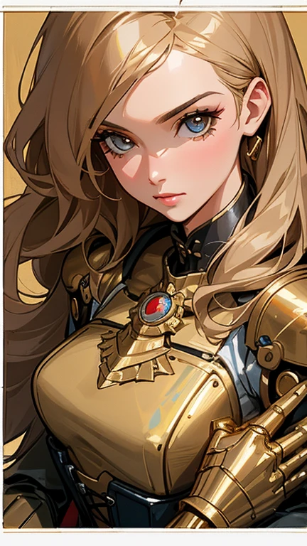 Close-up of a woman in a corset with a group of people, Edwards Poster Art, Gold and bronze armor, mechanical, Seventies, Ester-like face, 1970s Women Live, Keyframe, Doll Punk, Gold ring on chest, Barbarela, Metal, mechanicalanical, mechanicalanical superstructure
