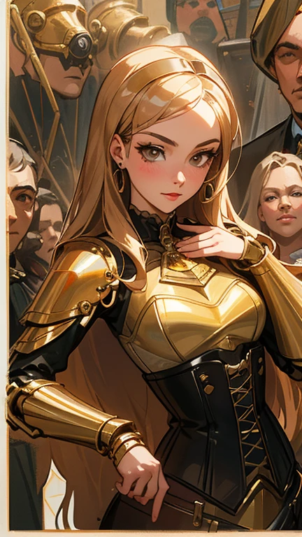 Close-up of a woman in a corset with a group of people, Edwards Poster Art, Gold and bronze armor, mechanical, Seventies, Ester-like face, 1970s Women Live, Keyframe, Doll Punk, Gold ring on chest, Barbarela, Metal, mechanicalanical, mechanicalanical superstructure  
