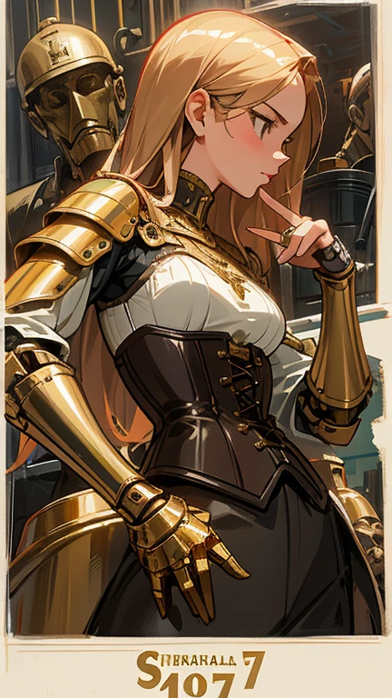 Close-up of a woman in a corset with a group of people, Edwards Poster Art, Gold and bronze armor, mechanical, Seventies, Ester-like face, 1970s Women Live, Keyframe, Doll Punk, Gold ring on chest, Barbarela, Metal, mechanicalanical, mechanicalanical superstructure