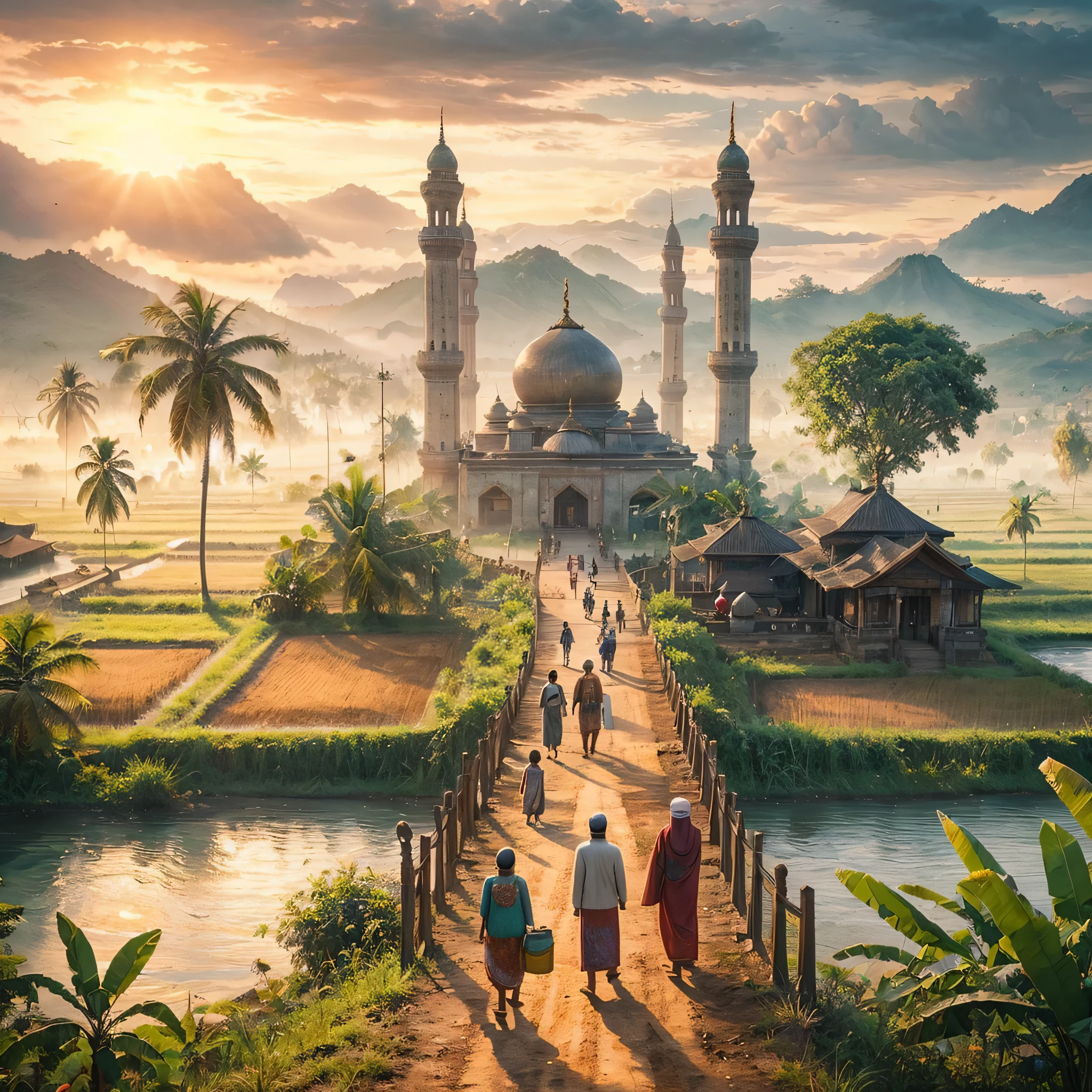 a group of people walking down a dirt road, a detailed matte painting, by Rudy Siswanto, sumatraism, with beautiful mosques, an indonesian family portrait, islamic art, bridge between the worlds, andrey gordeev, blissful journey