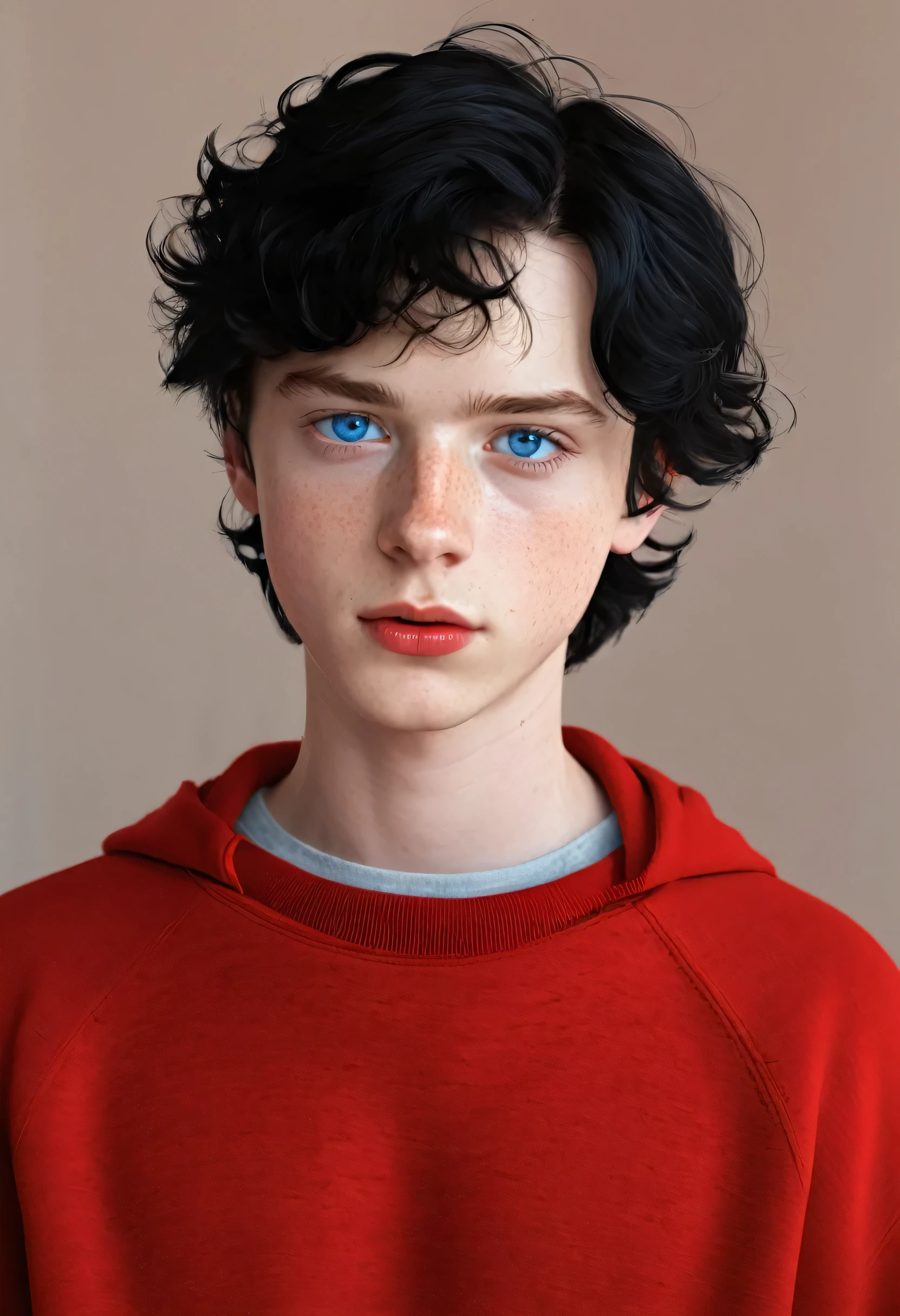 charlie spring beautiful boy with blue eyes cute innocent angelic freckles red lips and cheeks wavy black hair and red sweatshirt in the room realistic 8K resolution tumblr style ultra realistic detailed