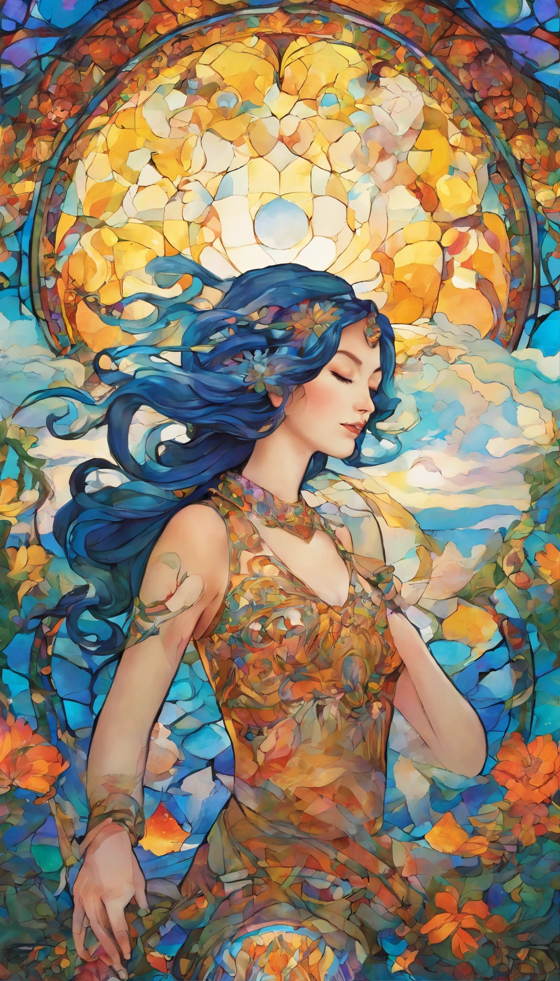 Wrapped in the psychedelic hues of LSD、A breathtakingly intricate and surreal digital painting of an agile healer emerges。The healer's face is delicate and elegant.、The smooth and sharp focus will captivate the viewer.。The background is a canvas of speckled clouds and an enchanting blue sky.、Evokes a sense of serenity and cosmic wonder。This highly detailed illustration captures the agility and grace of a healer.、It is a miniature version of Art Station's concept art.、Introducing the pinnacle of digital painting。