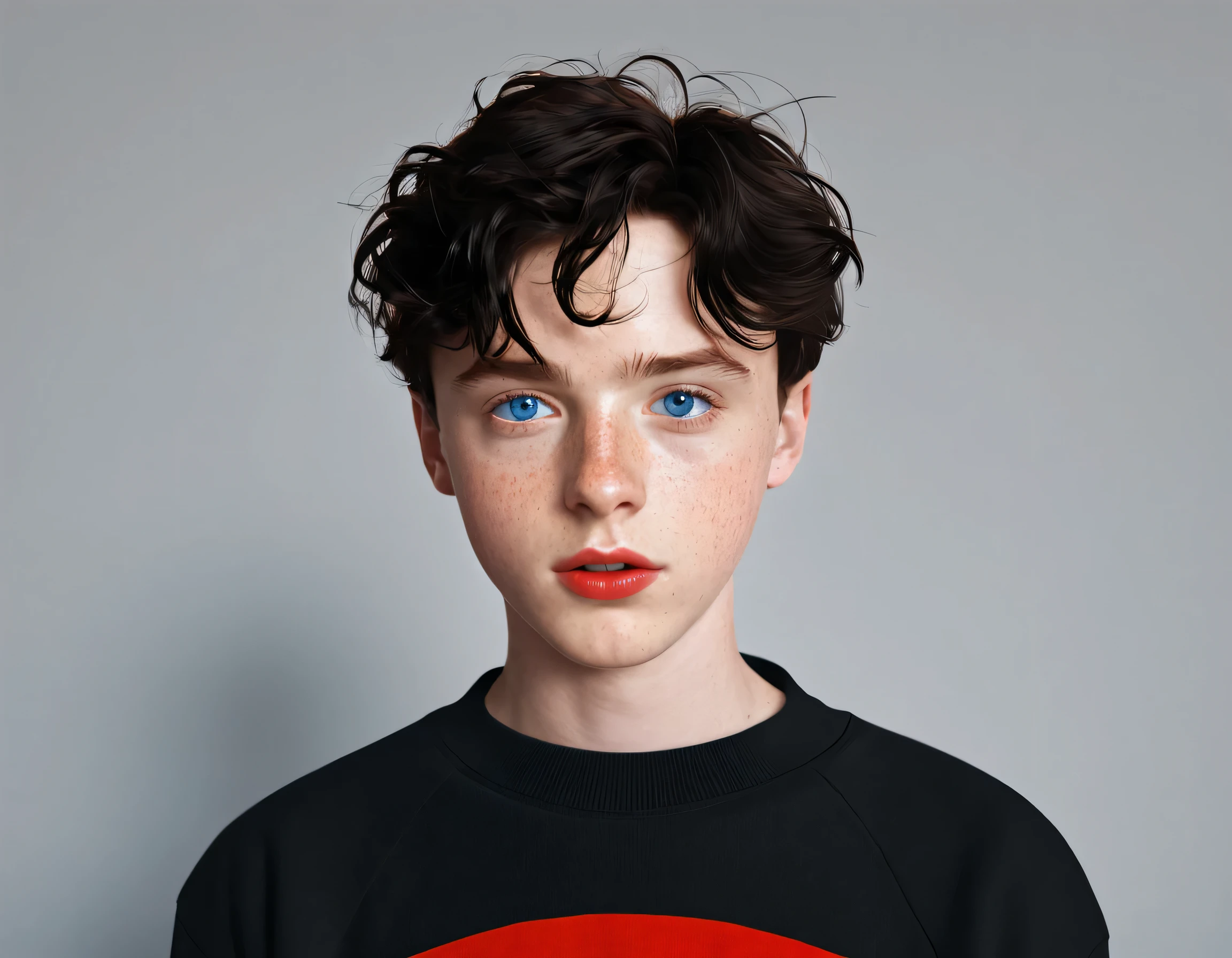 charlie spring beautiful boy with blue eyes cute innocent angelic freckles red lips and cheeks wavy black hair and red sweatshirt in the room realistic 8K resolution tumblr style ultra realistic detailed