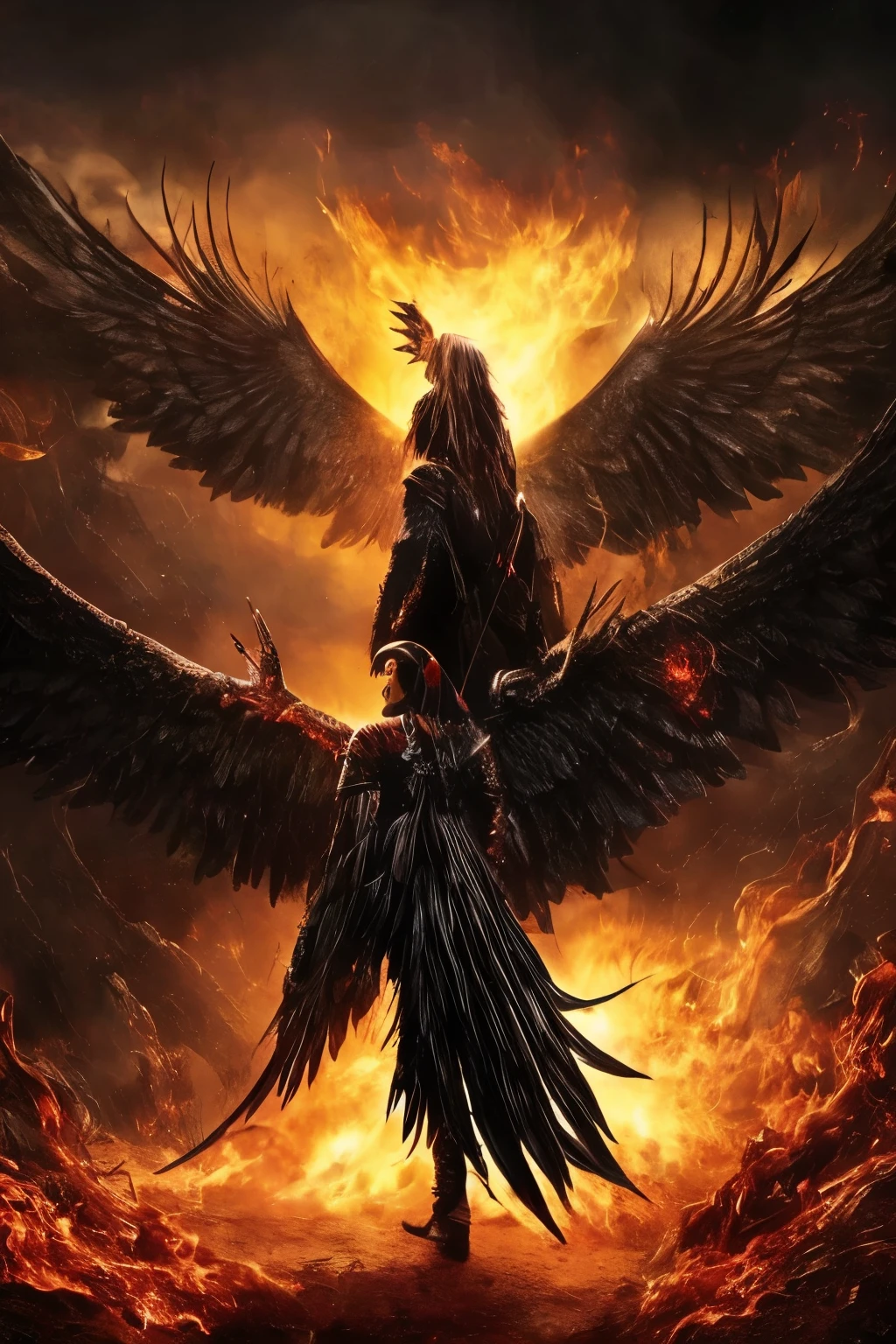 Dark and haunting depiction of a "Hell Raven Man or Crow Man Messenger" with a menacing atmosphere and intense ghostly lighting around. Intricate, Full and High Realism, Ultra Realism, Incorporate elements like black shy wings, glowing red eyes, fiery surroundings, cracked ground, billowing smoke, and a sense of despair and destruction.