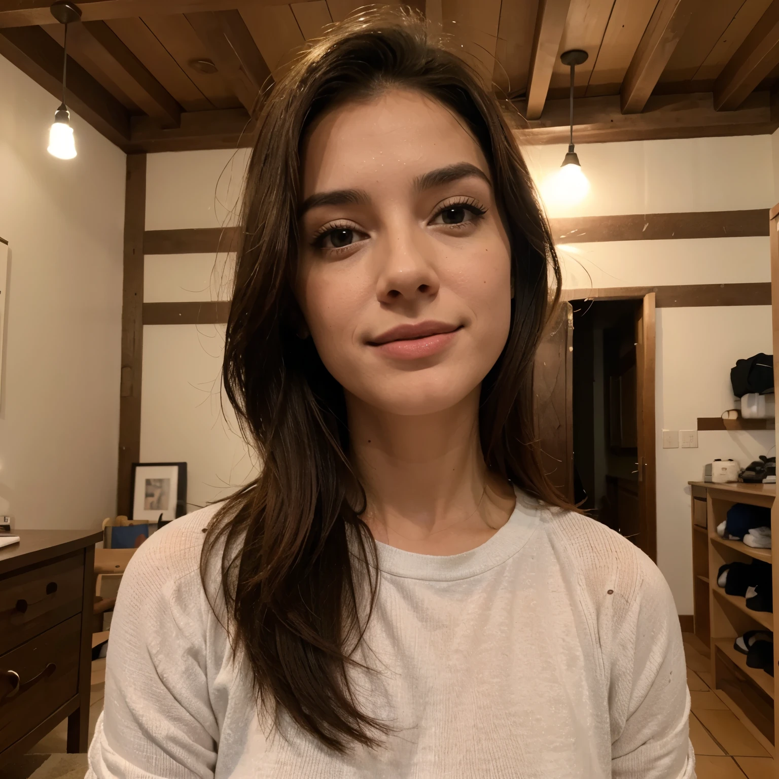 "A 20-year-old girl taking a selfie with She is wearing a cute outfit, like a stylish top. The background shows a room in a house with realistic details. The girl has a beautiful smile on her face and her hair is loose."
Only face pic middle class girl pic