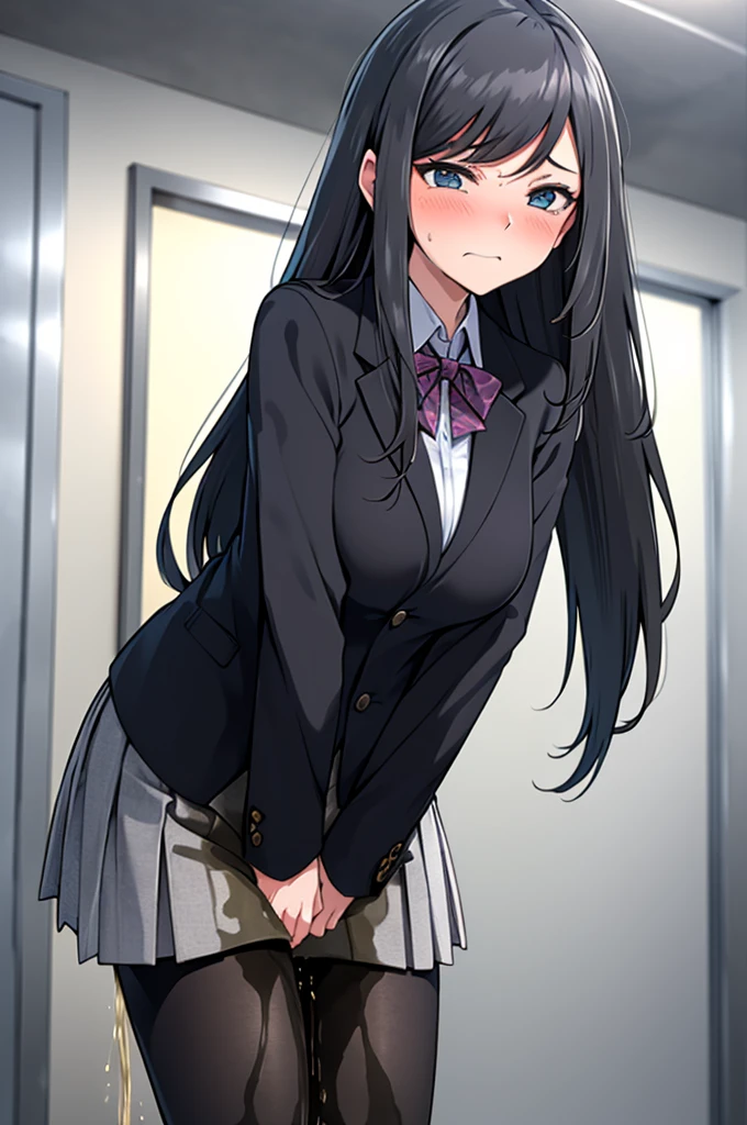 A woman with very long black hair and (very long bangs:1.5), wearing a  and skirt, blazer, pantyhose, standing. The artwork is inspired by manga and incorporates a doujin style. The woman appears to be (wetting herself:1.5), which causes her to feel embarrassed and humiliated, resulting in a blush on her face. In addition, there is an air of anger in her expression. The lighting in the scene is moody, with a spotlight highlighting the woman's figure. She is crossing her arms, (arms crossed:1.5), fully showcasing her skirt., large breasts