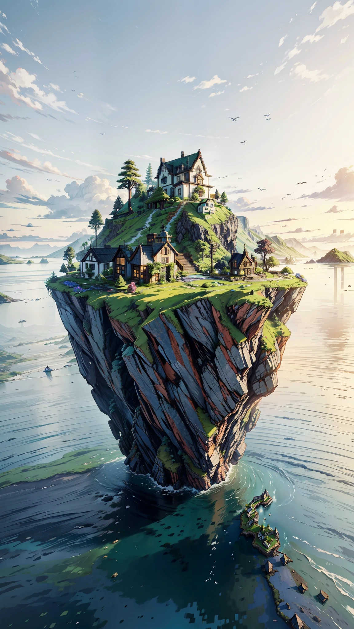painting of a small island in the middle of the ocean, greenery, nobody living there, isolated, multicolored flowers, flowers valley, inhabited on many levels, an island, remote icelandic village, island with cave, сastle on the rock, house on a hill, an island floating in the air, erik johansson style, isolation, secluded, amidst of nature fully covered, minecraft in real life