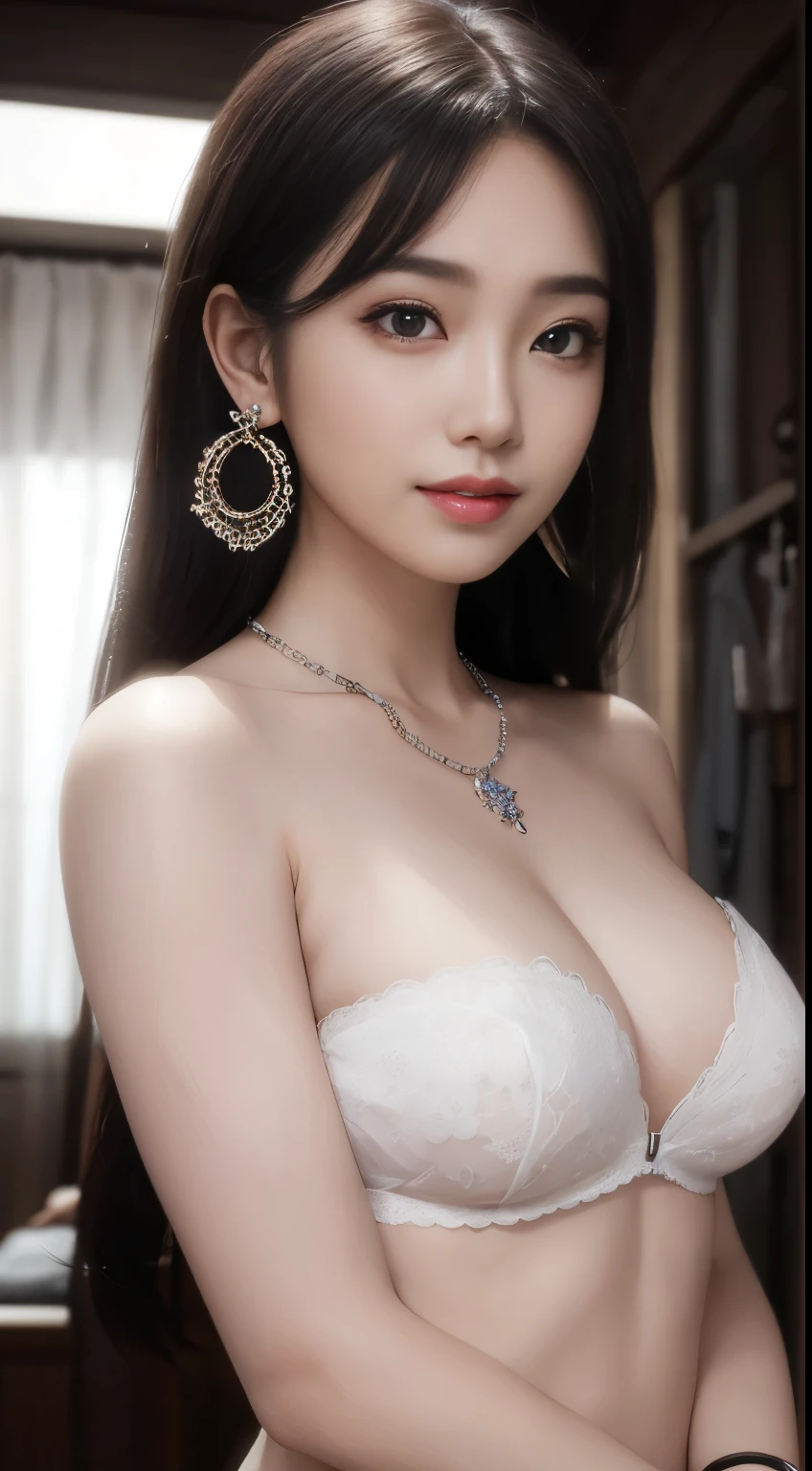 8k, Tabletop, RAW Photos, highest quality, Realistic, Highly detailed CG Unity 8k wallpaper, Depth of the written border, Cinematic Light, Lens flare, Ray Tracing, (Very beautiful face, Beautiful Lips, Beautiful Eyes), Intricately detailed faces, ((ultra high density skin)) 1 girl, In the Dark, Deep Shadow, Cute Korean Girl, ((Looking at the audience)),(Captivating smile), (Blurred Background), Earrings, bracelet, necklace, Clear Eyes, Bedroom, Front shot, (White skin), I&#39;m looking forward to, (Big eyes), ((Upper Body Shot)), ((Lace dress、corset)), (Camel Toe,  shape), (ponytail), (Big Breasts:1.5), ((Camel Toe)), 