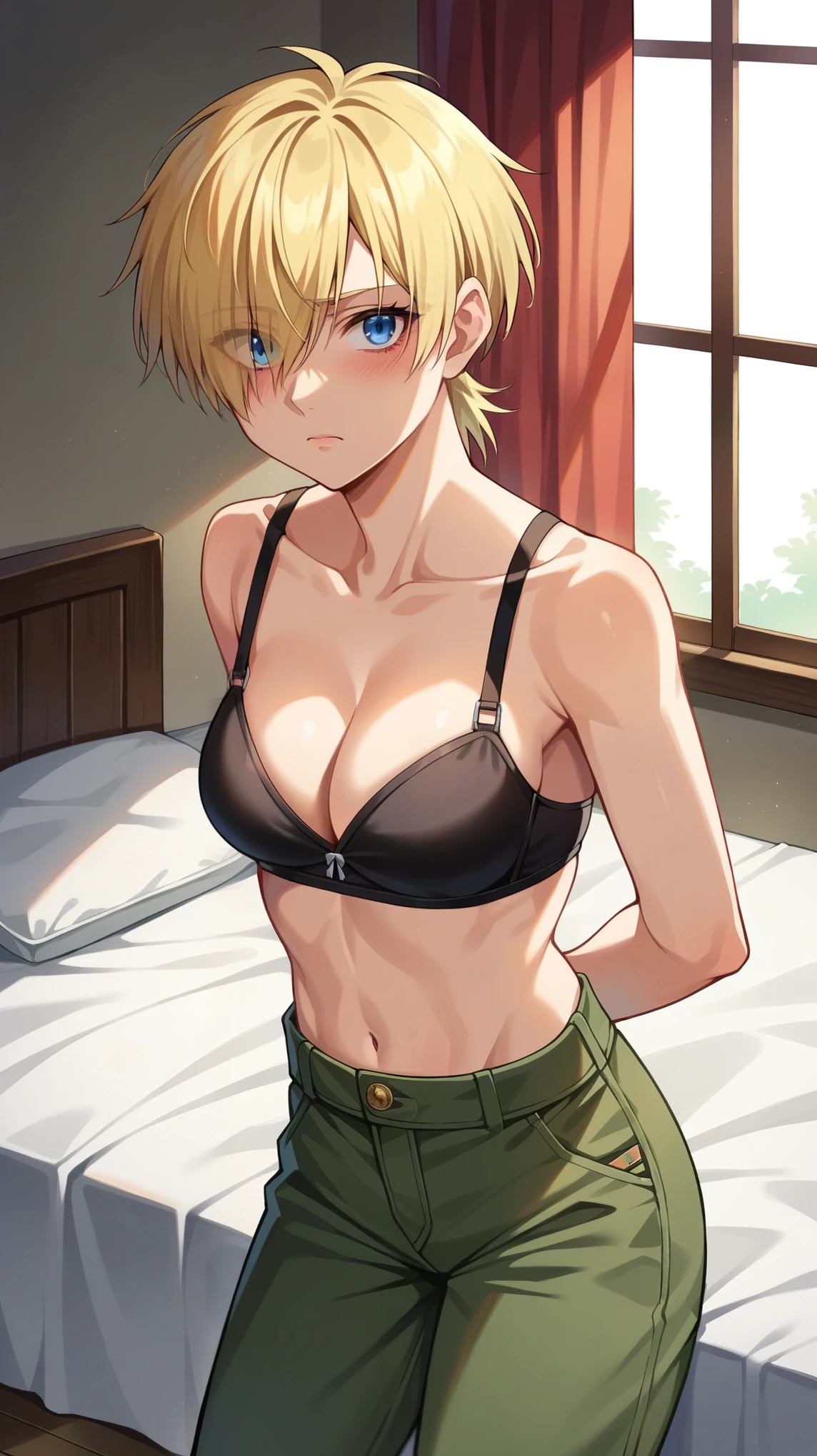 score_9, score_8_up, score_7_up, source_anime, solo, 1girl, berserk,  farnese, blush, shy, looking at viewer, arms behind back, blonde hair, hair over one eye, blue eyes, white gloves, hellsing, indoors, rating:safe, on bed, laying in bed, top view, birds eye view,  safe for work, latex bra, covered, clothes, standing, pants, cargo pants