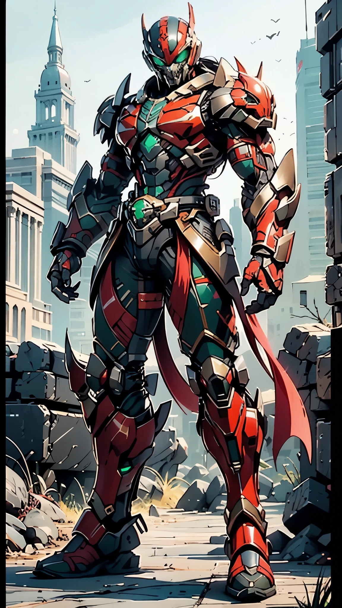 A man wearing a full-face helmet, a fantasy-style biotech armored combat suit, green eyes, (a composite layered chest armor), fully enclosed shoulder guards, matching arm and leg guards, the belt is adorned with fangs biting into orbs, (the color scheme is primarily black with red accents), the design balances heavy with agility, a high-tech bio-mecha armor, (Armor Concept Inspired by Bat, stand on the top of a skyscraper in a futuristic sci-fi city), this character embodies a finely crafted fantasy-surreal style armored hero in anime style, exquisite and mature manga art style, (element, plasma, energy, the armor glows), ((male:1.5)), metallic, real texture material, dramatic, high definition, best quality, highres, ultra-detailed, ultra-fine painting, extremely delicate, professional, perfect body proportions, golden ratio, anatomically correct, symmetrical face, extremely detailed eyes and face, high quality eyes, creativity, RAW photo, UHD, 32k, Natural light, cinematic lighting, masterpiece-anatomy-perfect, masterpiece:1.5