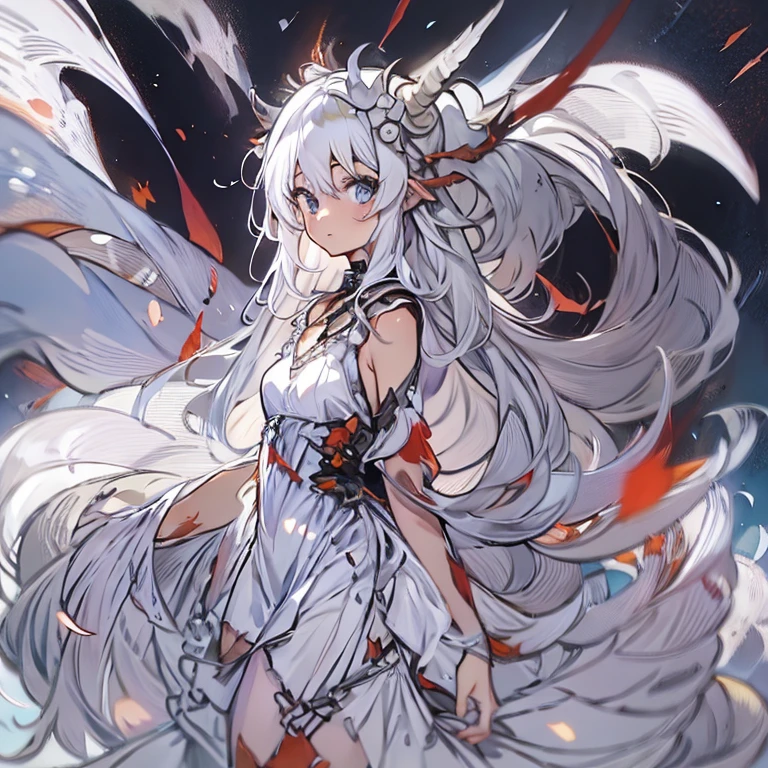 ((masterpiece)), ((bestquality)), 1 girl, solo, a ****************, white hair, blue eyes, detailed face, dragonian_head, dragonian_body, dragonian_hairstyle, dragonian_horns, dragonian_tail, one white tail, white long dress, black choker, ((circlet on head)), bangs, volcano, red sky, meteorite, full_body_shot