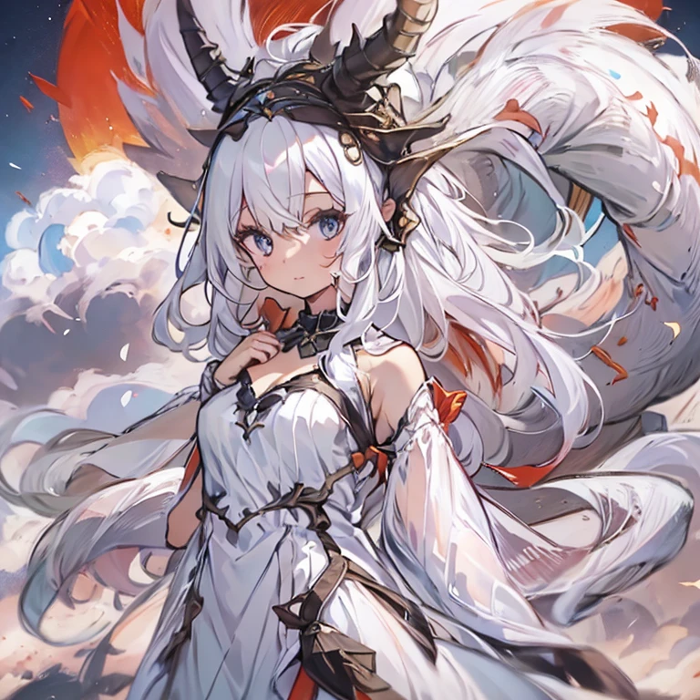 ((masterpiece)), ((bestquality)), 1 girl, solo, a -yeld gi white hair, blue eyes, detailed face, dragonian_head, dragonian_body, dragonian_hairstyle, dragonian_horns, dragonian_tail, one white tail, white long dress, black choker, ((circlet on head)), bangs, volcano, red sky, meteorite, full_body_shot