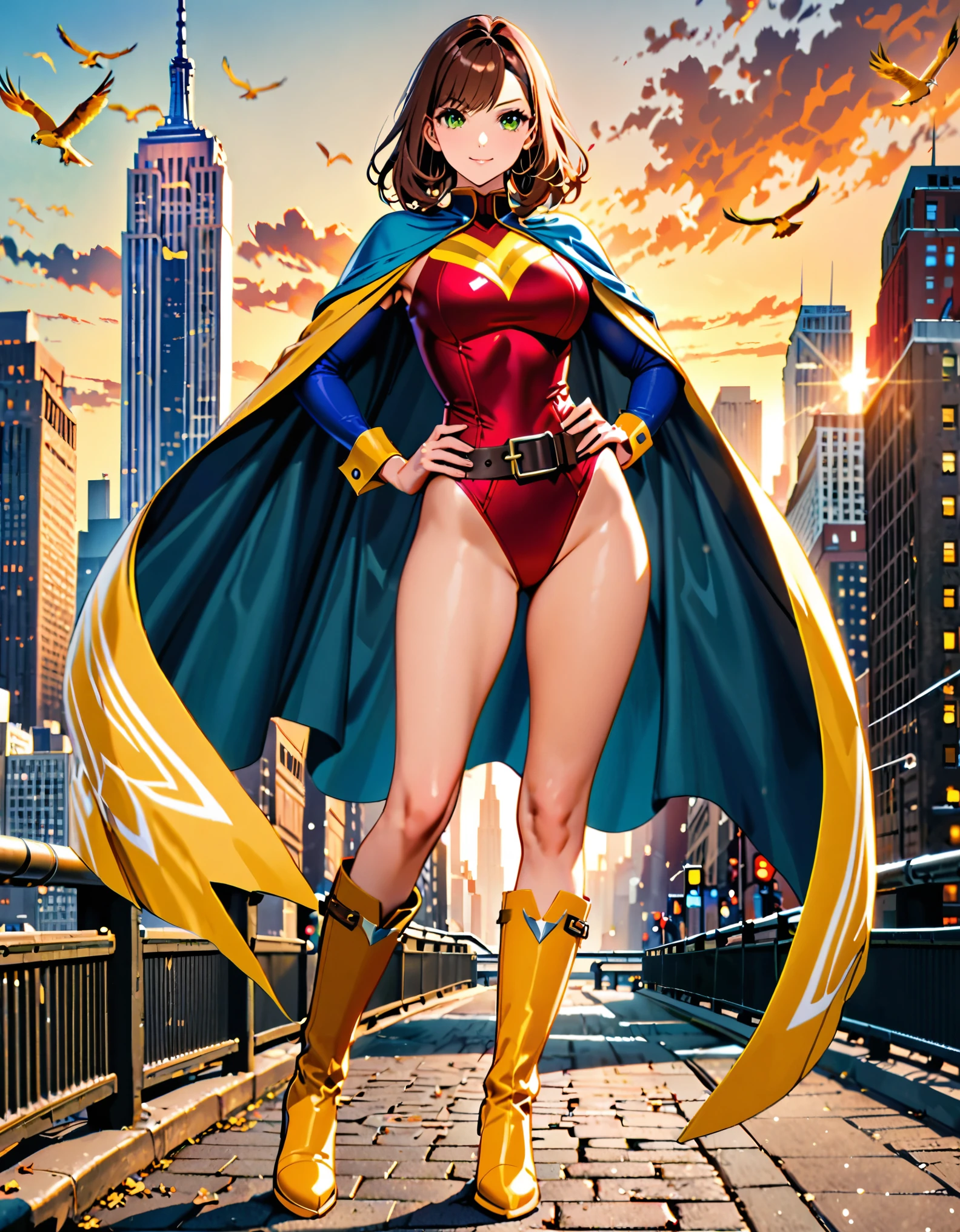 (masterpiece), (best quality), (high res), 1lady, tall body, beautiful detailed eyes, beautiful detailed face, perfect hands, complete fingers, perfect anatomy, perfect proportions, ((brown hair, medium hair)), ((green eyes)), ((leotard, red leotard, matching leotard, bare legs)), ((boots, matching boots, knee-high boots, yellow boots)), breasts, medium breasts, (full body portrait), looking at viewer, solo, solo focus, standing, one hand on hip, cowboy shot, new york backdrop, (belt, tight belt), (blue sleeves, yellow cuffs), (yellow hawk (symbol) on chest), (medium cape, light blue cape), full body costume design.