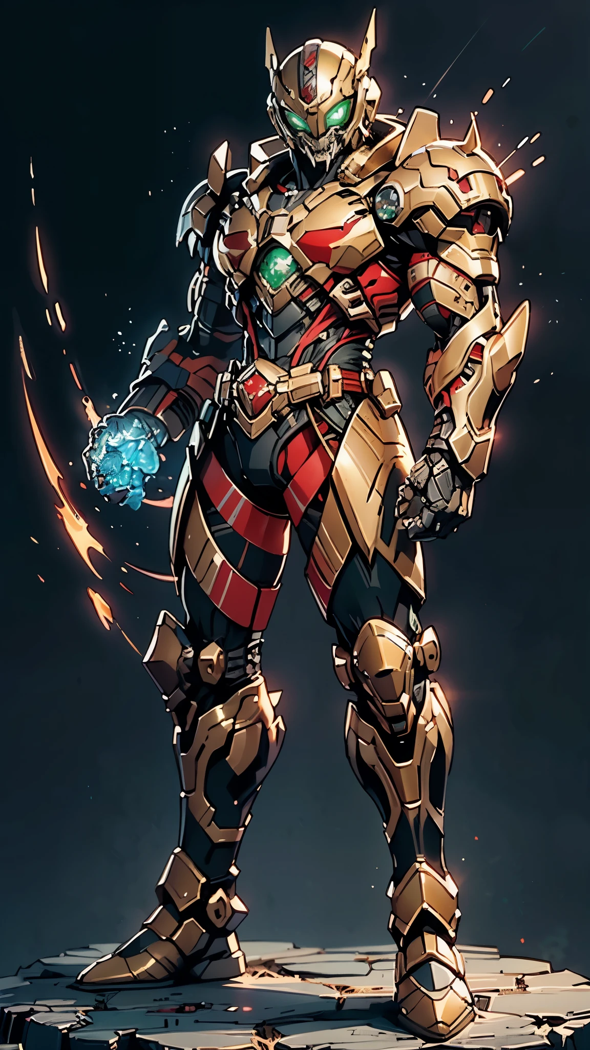 A man wearing a full-face helmet, a fantasy-style biotech armored combat suit, green eyes, (a composite layered chest armor), fully enclosed shoulder guards, matching arm and leg guards, the belt is adorned with fangs biting into orbs, (the color scheme is primarily black with red accents), the design balances heavy with agility, a high-tech bio-mecha armor, (Armor Concept Inspired by Bat, stand on the top of a skyscraper in a futuristic sci-fi city), this character embodies a finely crafted fantasy-surreal style armored hero in anime style, exquisite and mature manga art style, (element, plasma, energy, the armor glows), ((male:1.5)), metallic, real texture material, dramatic, high definition, best quality, highres, ultra-detailed, ultra-fine painting, extremely delicate, professional, perfect body proportions, golden ratio, anatomically correct, symmetrical face, extremely detailed eyes and face, high quality eyes, creativity, RAW photo, UHD, 32k, Natural light, cinematic lighting, masterpiece-anatomy-perfect, masterpiece:1.5