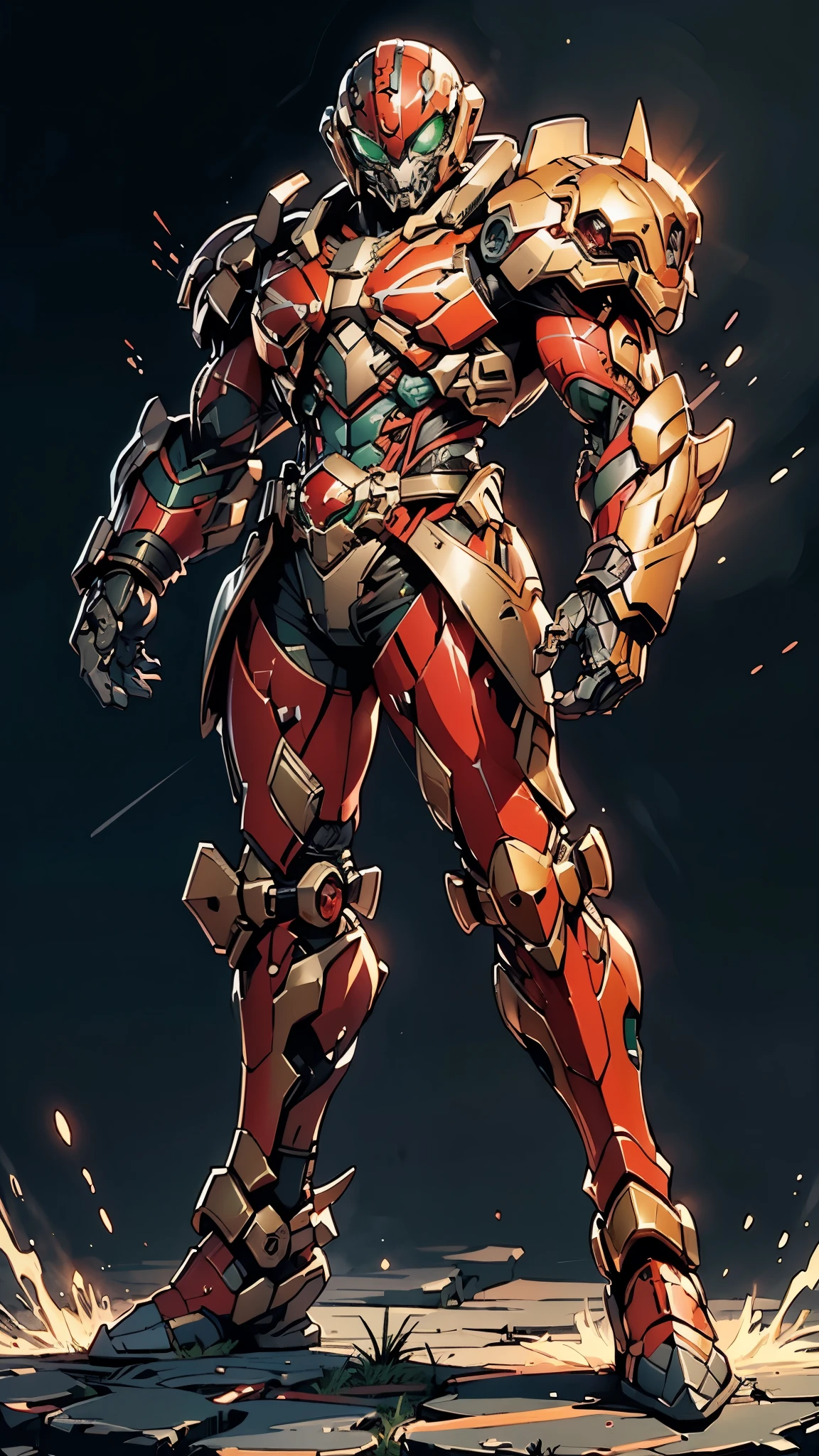 A man wearing a full-face helmet, a fantasy-style biotech armored combat suit, green eyes, (a composite layered chest armor), fully enclosed shoulder guards, matching arm and leg guards, the belt is adorned with fangs biting into orbs, (the color scheme is primarily black with red accents), the design balances heavy with agility, a high-tech bio-mecha armor, (Armor Concept Inspired by Bat, stand on the top of a skyscraper in a futuristic sci-fi city), this character embodies a finely crafted fantasy-surreal style armored hero in anime style, exquisite and mature manga art style, (element, plasma, energy, the armor glows), ((male:1.5)), metallic, real texture material, dramatic, high definition, best quality, highres, ultra-detailed, ultra-fine painting, extremely delicate, professional, perfect body proportions, golden ratio, anatomically correct, symmetrical face, extremely detailed eyes and face, high quality eyes, creativity, RAW photo, UHD, 32k, Natural light, cinematic lighting, masterpiece-anatomy-perfect, masterpiece:1.5