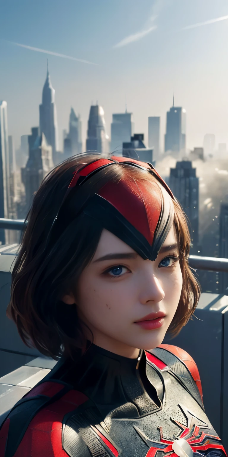(1MAN:1.3), Solo, (((Very detailed face)))), ((Very detailed eyes and face)))), Beautiful detail eyes, Body parts__, Official art, Unified 8k wallpaper, Super detailed, beautiful and beautiful, beautiful, masterpiece, best quality, original, masterpiece, super fine photo, best quality, super high resolution, realistic realism, sunlight, full body portrait, amazing beauty, dynamic pose, delicate face, vibrant eyes, (from the front), She wears Spider-Man suit, red and black color scheme, spider, very detailed city roof background, rooftop, overlooking the city, detailed face, detailed complex busy background, messy, gorgeous, milky white, highly detailed skin, realistic skin details, visible pores, clear focus, volumetric fog, 8k uhd, DSLR, high quality, film grain, fair skin, photo realism, lomography, futuristic dystopian megalopolis, translucent