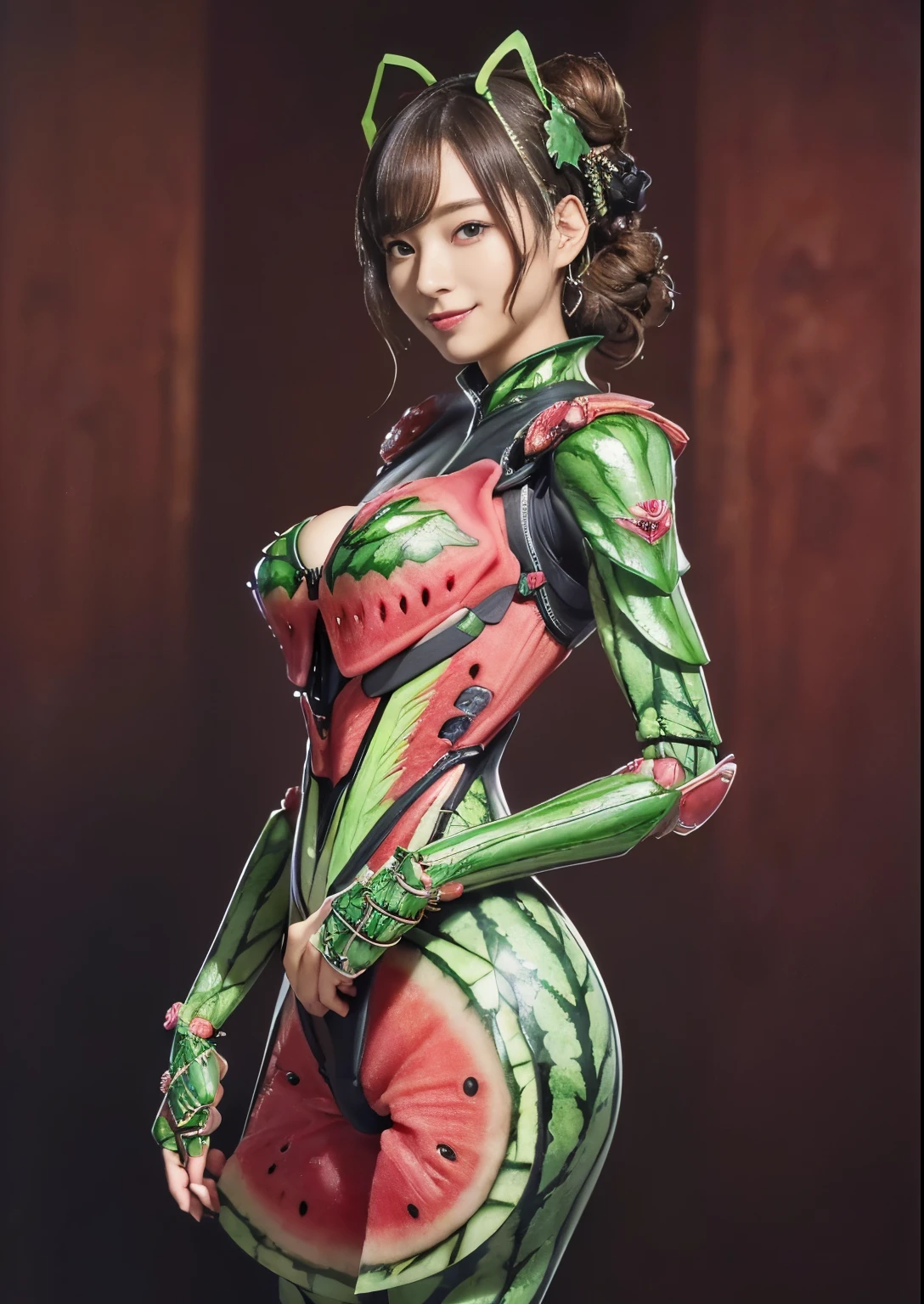 (high resolution,masterpiece,best quality,extremely detailed CG, anime, official art:1.4), realistic, photo, amazing fine details, all intricate, full body, gloss and shiny,awesome many layers, 8k wall paper, 3d, sketch, kawaii, illustration,( solo:1.4), perfect female proportion,villainess, (fusion of watermelon and lady:1.4), (watermelons breasts lady:1.2), (watermelon lady:1.2), (fusion:1.2), (solo:1.4), (evil smile:1.2), muscular, abs, (watermelon exoskeleton bio insect suit:1.4), (watermelon exoskeleton bio insect armor:1.2), (watermelon wing:1.4), (watermelon antennae:1.3),