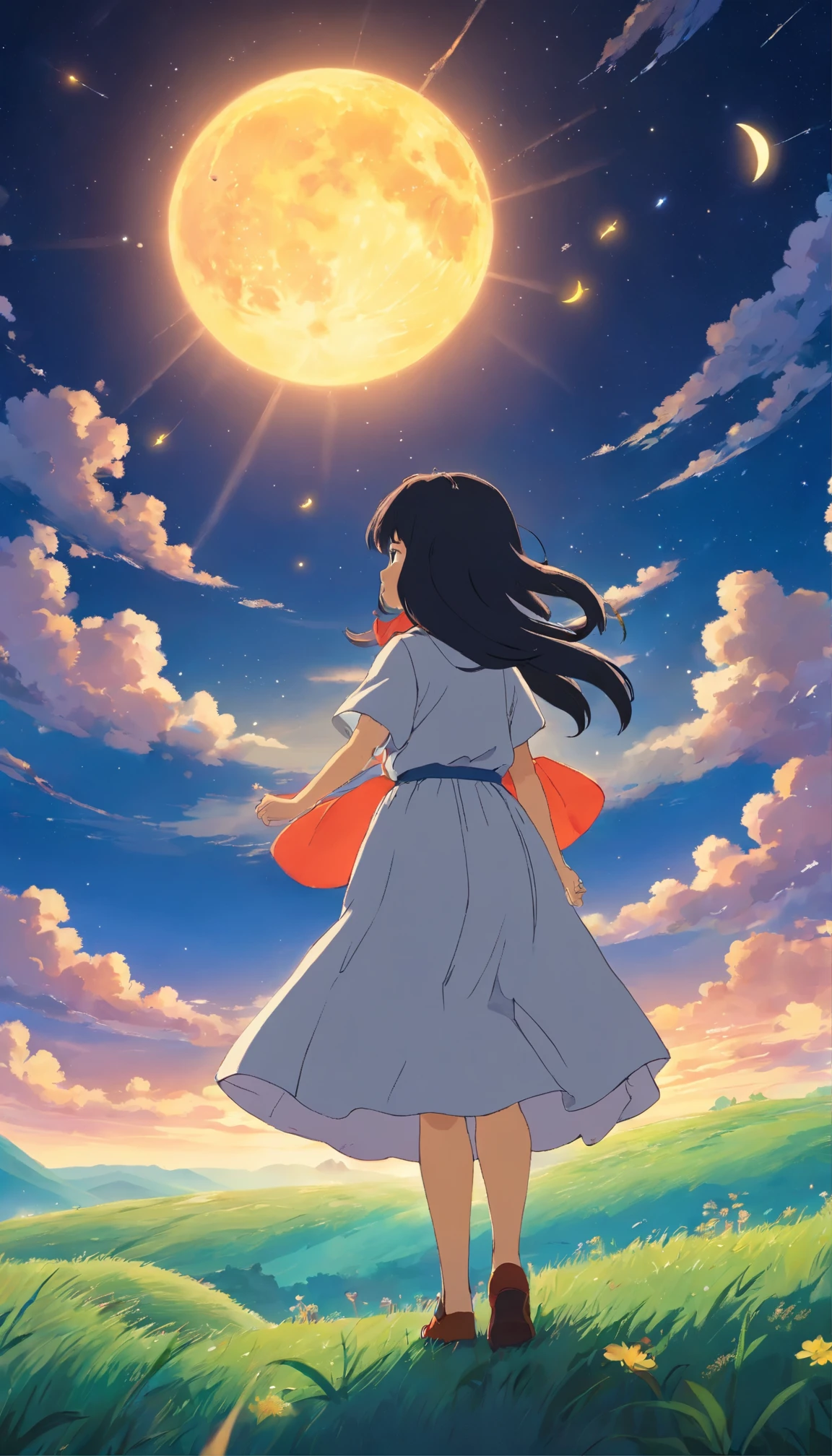 masterpiece、Top quality、16K UHD、 Permanent Moonlit Grassland、Vast and endless、solo、young、Shine、dusk、Starry Sky、 girl with black hair、 Hair floating gently in the air as if defying gravity、 Back view、Showcasing her simplicity、 Looking up at the setting sun with three celestial bodies in the background、 The sun shining in space、The combined glow creates a warm and surreal light.、 8k resolution、Offers ultra-detailed landscapes dotted with stars。