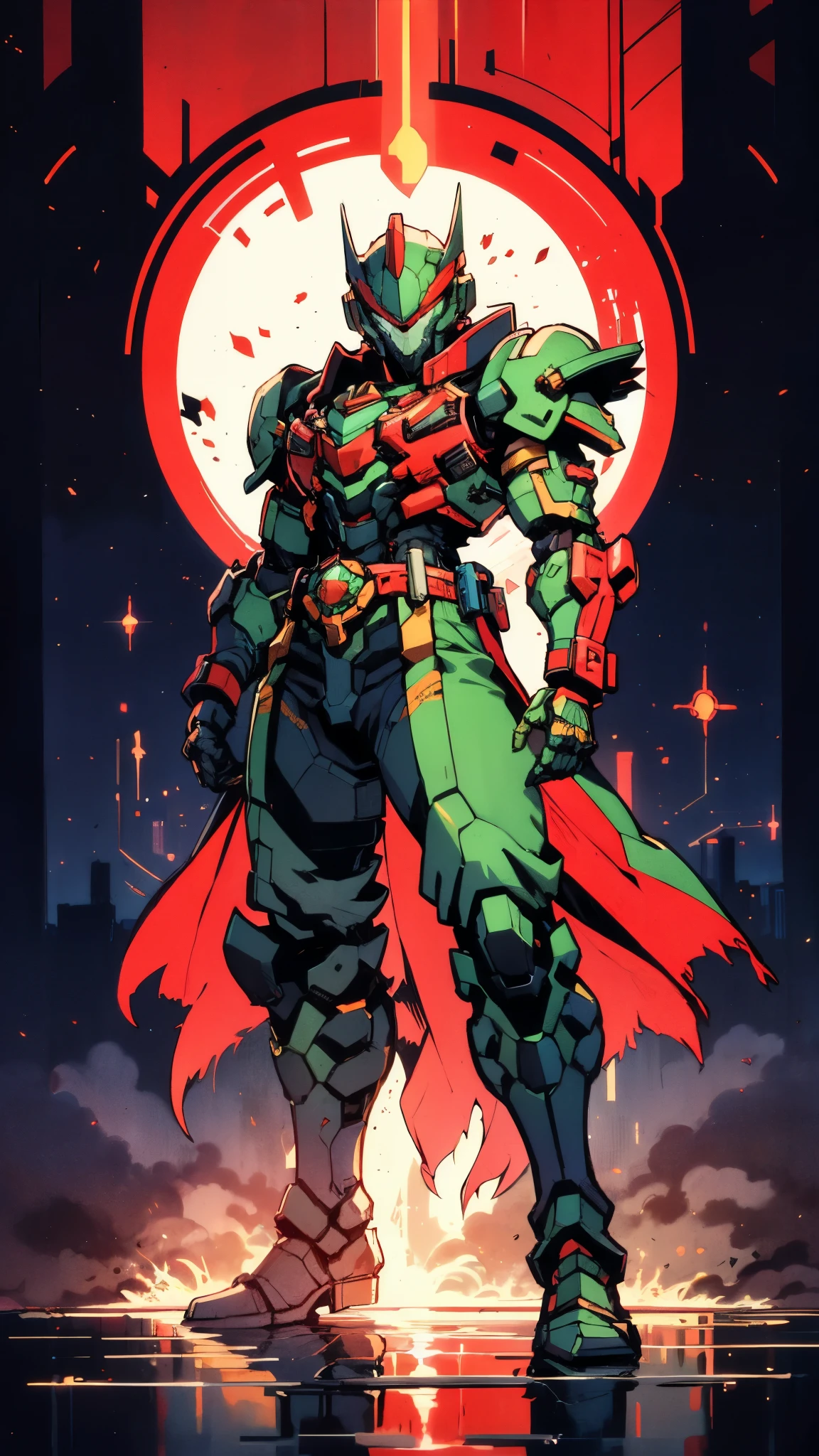 A man wearing a full-face helmet, a fantasy-style biotech armored combat suit, green eyes, (a composite layered chest armor), fully enclosed shoulder guards, matching arm and leg guards, the belt is adorned with fangs biting into orbs, (the color scheme is primarily black with red accents), the design balances heavy with agility, a high-tech bio-mecha armor, (Armor Concept Inspired by Bat, stand on the top of a skyscraper in a futuristic sci-fi city), this character embodies a finely crafted fantasy-surreal style armored hero in anime style, exquisite and mature manga art style, (element, plasma, energy, the armor glows), ((male:1.5)), metallic, real texture material, dramatic, high definition, best quality, highres, ultra-detailed, ultra-fine painting, extremely delicate, professional, perfect body proportions, golden ratio, anatomically correct, symmetrical face, extremely detailed eyes and face, high quality eyes, creativity, RAW photo, UHD, 32k, Natural light, cinematic lighting, masterpiece-anatomy-perfect, masterpiece:1.5