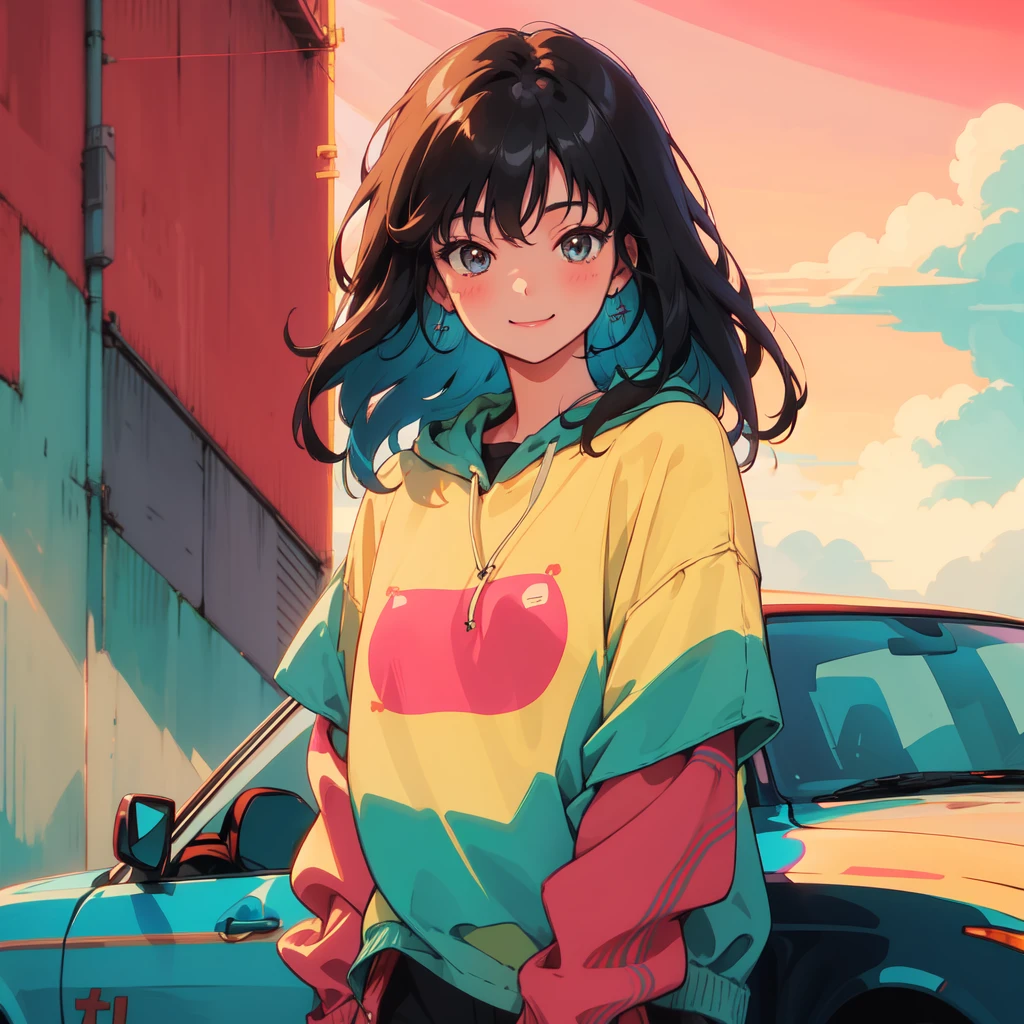,lofi,chill,1carに座っている女の子, City of night,Amazing photo, smiling,Medium Hair,Baseball Cap Earrings,Black Hair,Fluttering in the wind,hoodie,City of nightをドライブ,car,People come and go,from the front,whole body,8k,Speech bubble
