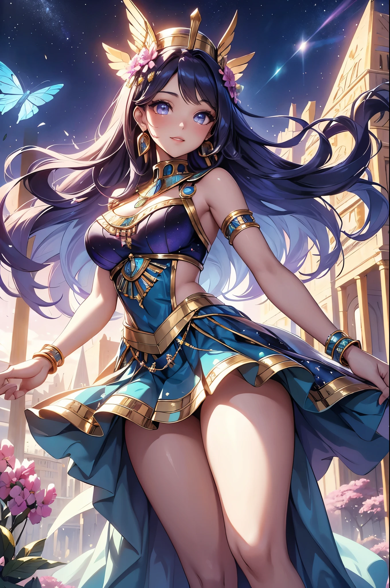 (best quality,4k,8k,highres,masterpiece:1.2),ultra-detailed,(realistic,photorealistic,photo-realistic:1.37),acrylic painting,beautiful Egyptian model in a ta dress with downy hair,beautiful Egyptian model with extremely colorful hair and detailed facial features,beautiful Egyptian model standing in a beautiful garden surrounded by a starry sky,beautiful Egyptian model wearing a vibrant Loliress,beautiful Egyptian model with intricate accessories and a matching hat,beautiful Egyptian model posing gracefully with her hands on her hips,beautiful Egyptian model with long flowing twintails,beautiful Egyptian model with bright blue eyes and rosy lips,beautiful Egyptian model with a joyful expression,beautiful Egyptian model in a dynamic pose with cherry blossoms falling around her,beautiful Egyptian model surrounded by colorful flowers and butterflies,beautiful Egyptian model's dress adorned with cute bows and lace details,beautiful Egyptian model with an enchanting smile,beautiful Egyptian model with soft, pastel-colored shading,beautiful Egyptian model with a magical glow illuminating her,beautiful Egyptian model in a picturesque setting with a winding path leading to a magnificent castle,beautiful Egyptian model holding a microphone and singing passionately,beautiful Egyptian model with a fairytale-like background,beautiful Egyptian model with a soft, dreamy atmosphere,beautiful Egyptian model with a subtle bokeh effect,beautiful Egyptian model standing under a moonlit sky,beautiful Egyptian model with a warm, golden sunset in the background,beautiful Egyptian model surrounded by twinkling stars and colorful nebulae,creating an ethereal and captivating artistic masterpiece.