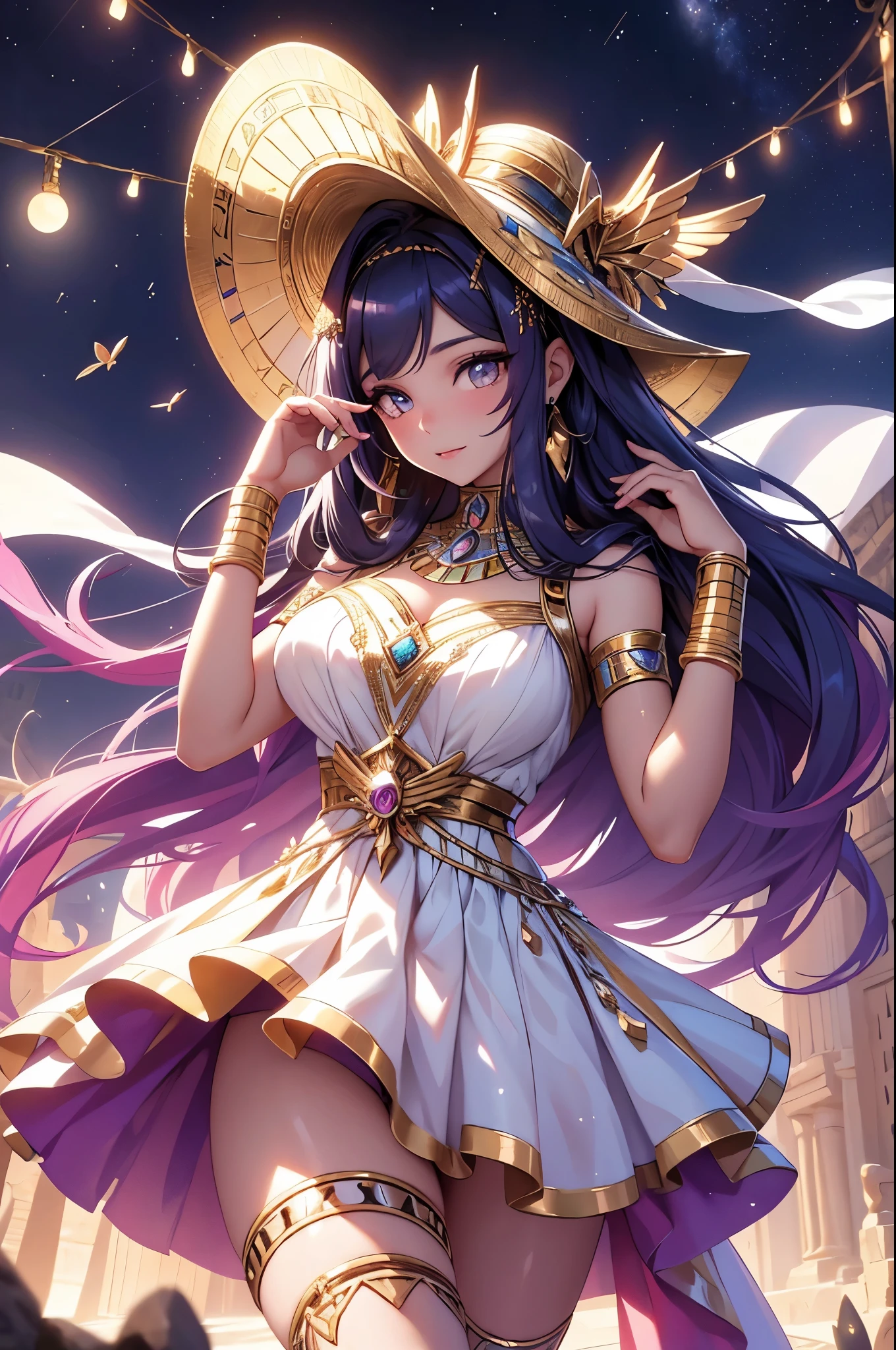 Black background with spotlight,　White jacket、White mini skirt、Nitocris, In the desert、Stars shine in the night sky、beautiful girl、Raise your arm and show your armpit.