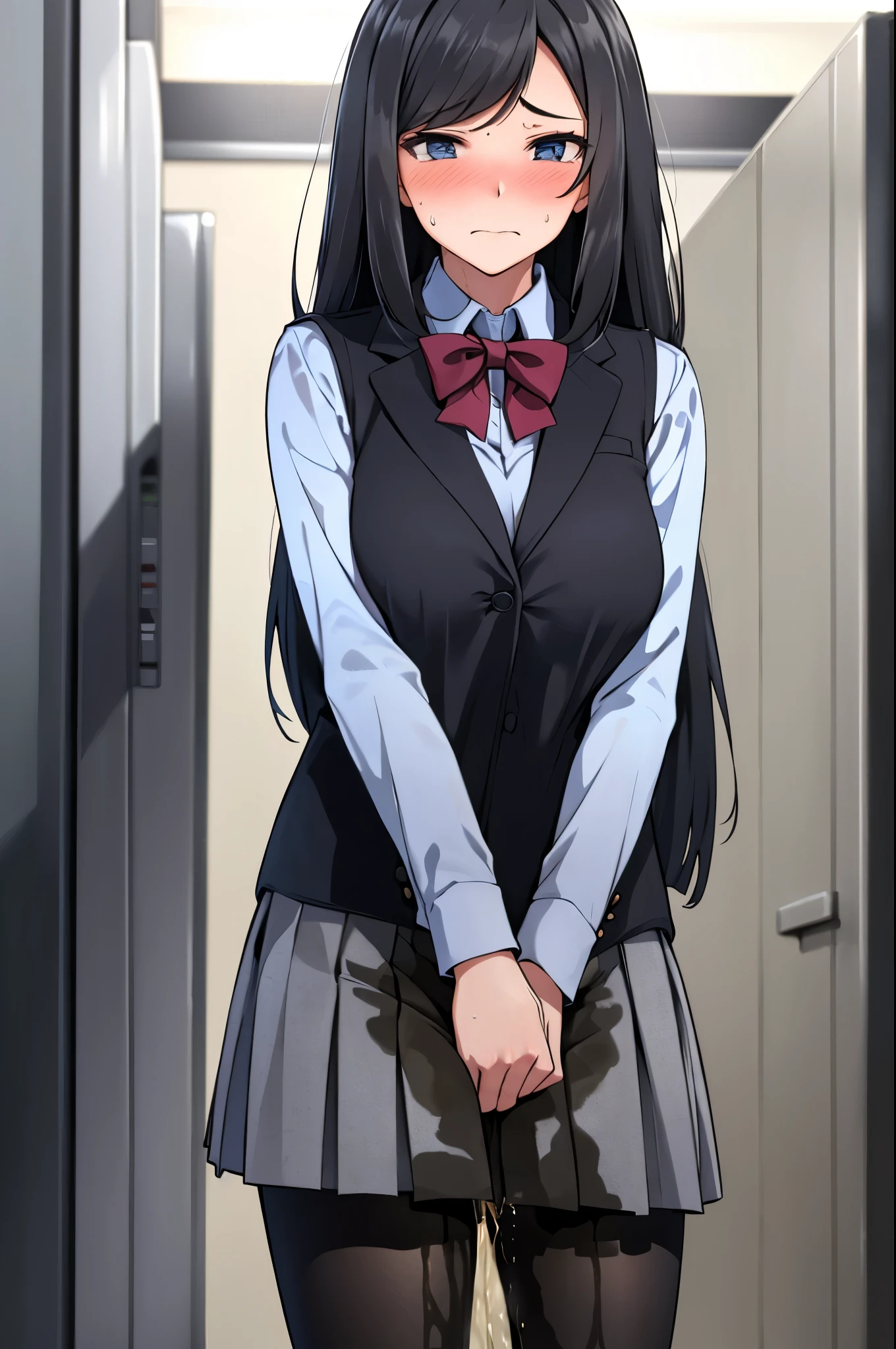 A woman with very long black hair and (very long bangs:1.5), wearing a  and skirt, blazer, pantyhose, standing. The artwork is inspired by manga and incorporates a doujin style. The woman appears to be (wetting herself:1.5), which causes her to feel embarrassed and humiliated, resulting in a blush on her face. In addition, there is an air of anger in her expression. The lighting in the scene is moody, with a spotlight highlighting the woman's figure. She is crossing her arms, (arms crossed:1.5), fully showcasing her skirt., large breasts