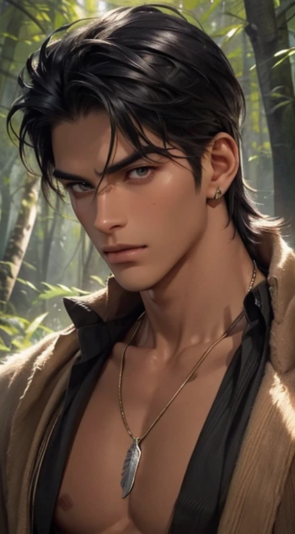 1 boy,Handsome，tall and strong,perfect male figure, eyes looking at camera, ((tanned skin)),forest，primitive，feather hair accessories，Oil paint on the face，black hair,serious expression,Beast tooth necklace,Ray tracing