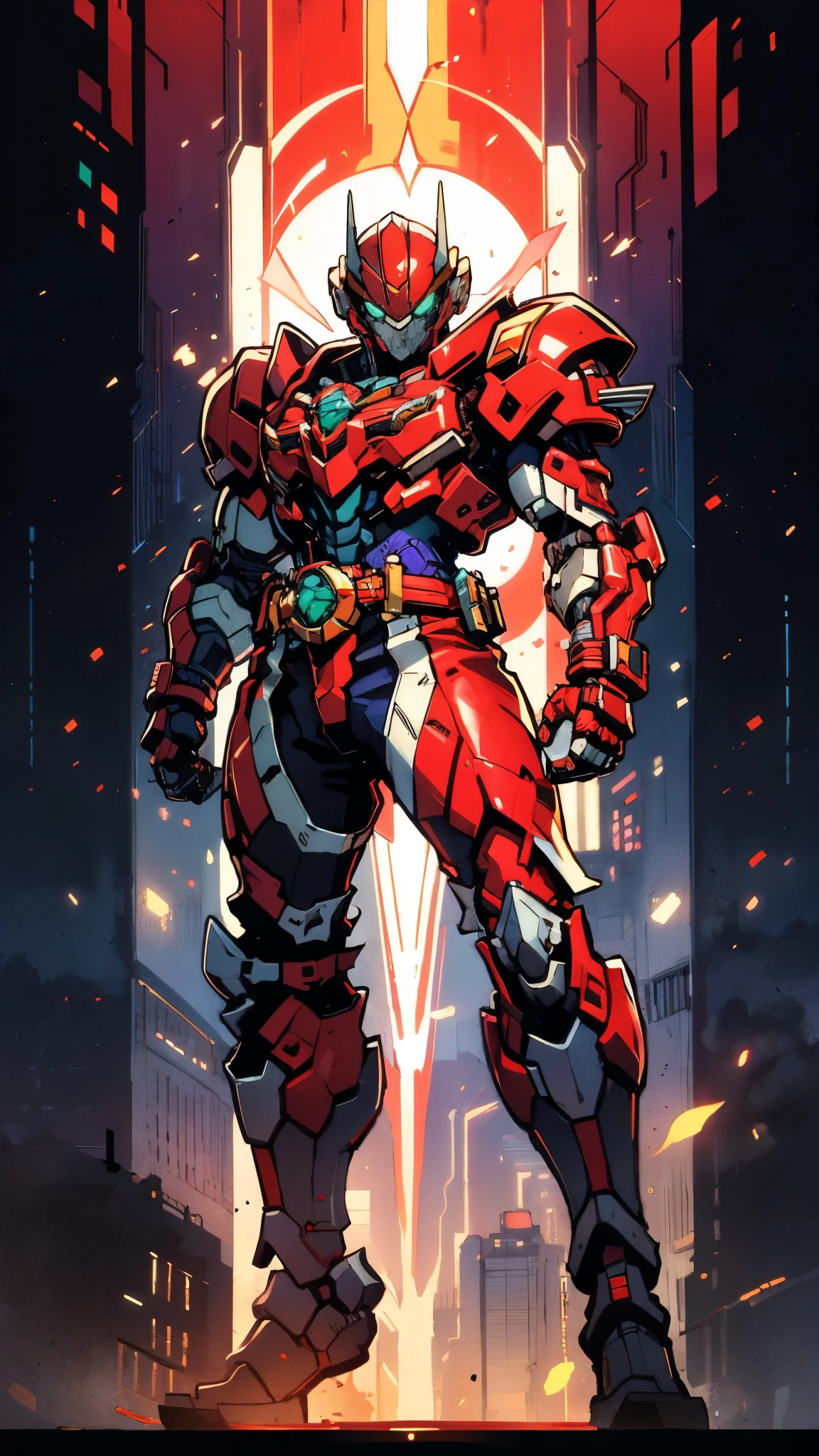 A man wearing a full-face helmet, a fantasy-style biotech armored combat suit, green eyes, (a composite layered chest armor), fully enclosed shoulder guards, matching arm and leg guards, the belt is adorned with fangs biting into orbs, (the color scheme is primarily black with red accents), the design balances heavy with agility, a high-tech bio-mecha armor, (Armor Concept Inspired by Bat, stand on the top of a skyscraper in a futuristic sci-fi city), this character embodies a finely crafted fantasy-surreal style armored hero in anime style, exquisite and mature manga art style, (element, plasma, energy, the armor glows), ((male:1.5)), metallic, real texture material, dramatic, high definition, best quality, highres, ultra-detailed, ultra-fine painting, extremely delicate, professional, perfect body proportions, golden ratio, anatomically correct, symmetrical face, extremely detailed eyes and face, high quality eyes, creativity, RAW photo, UHD, 32k, Natural light, cinematic lighting, masterpiece-anatomy-perfect, masterpiece:1.5