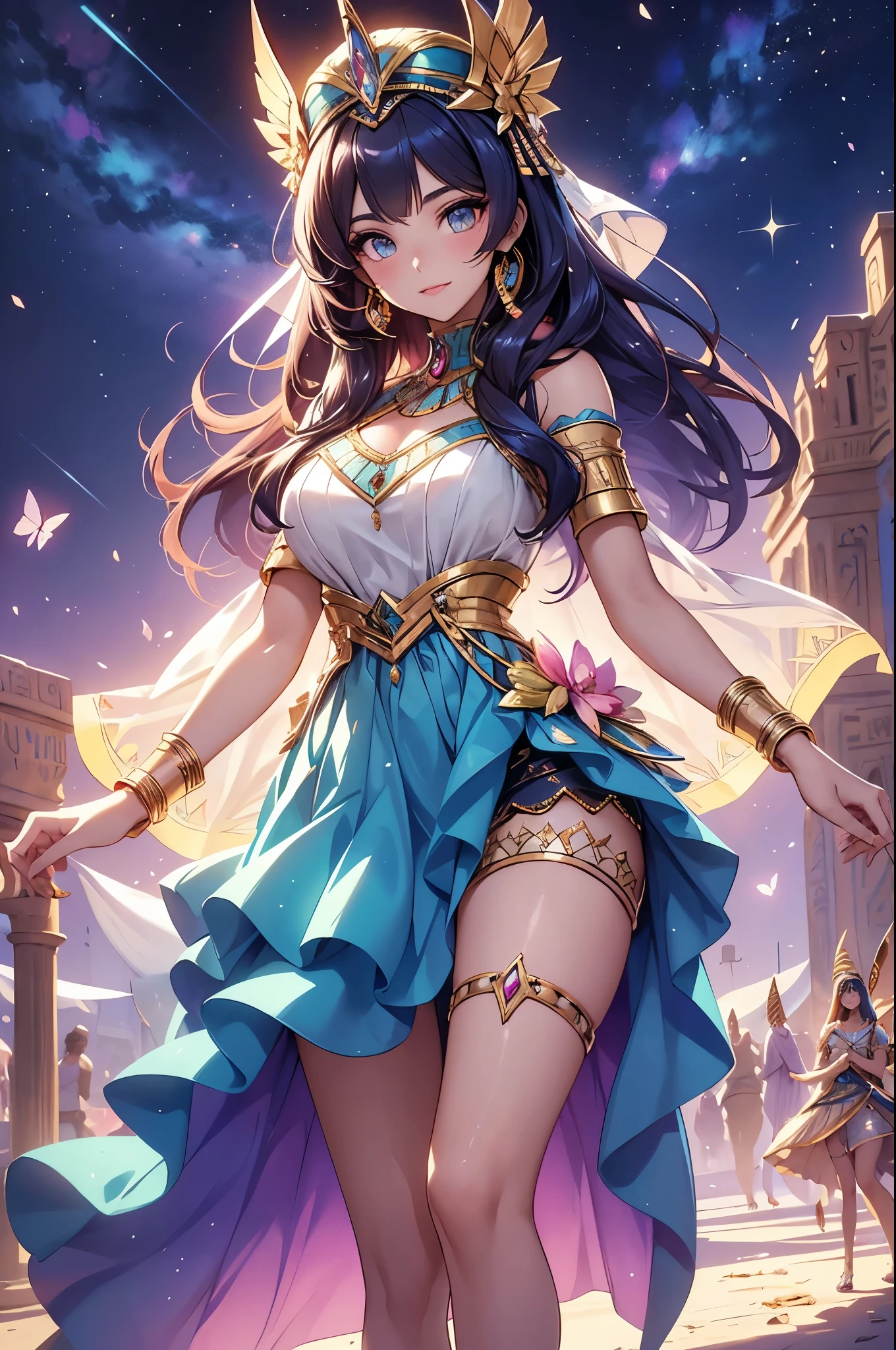 (best quality,4k,8k,highres,masterpiece:1.2),ultra-detailed,(realistic,photorealistic,photo-realistic:1.37),acrylic painting,beautiful Egyptian model in a ta dress with downy hair,beautiful Egyptian model with extremely colorful hair and detailed facial features,beautiful Egyptian model standing in a beautiful garden surrounded by a starry sky,beautiful Egyptian model wearing a vibrant Loliress,beautiful Egyptian model with intricate accessories and a matching hat,beautiful Egyptian model posing gracefully with her hands on her hips,beautiful Egyptian model with long flowing twintails,beautiful Egyptian model with bright blue eyes and rosy lips,beautiful Egyptian model with a joyful expression,beautiful Egyptian model in a dynamic pose with cherry blossoms falling around her,beautiful Egyptian model surrounded by colorful flowers and butterflies,beautiful Egyptian model's dress adorned with cute bows and lace details,beautiful Egyptian model with an enchanting smile,beautiful Egyptian model with soft, pastel-colored shading,beautiful Egyptian model with a magical glow illuminating her,beautiful Egyptian model in a picturesque setting with a winding path leading to a magnificent castle,beautiful Egyptian model holding a microphone and singing passionately,beautiful Egyptian model with a fairytale-like background,beautiful Egyptian model with a soft, dreamy atmosphere,beautiful Egyptian model with a subtle bokeh effect,beautiful Egyptian model standing under a moonlit sky,beautiful Egyptian model with a warm, golden sunset in the background,beautiful Egyptian model surrounded by twinkling stars and colorful nebulae,creating an ethereal and captivating artistic masterpiece.