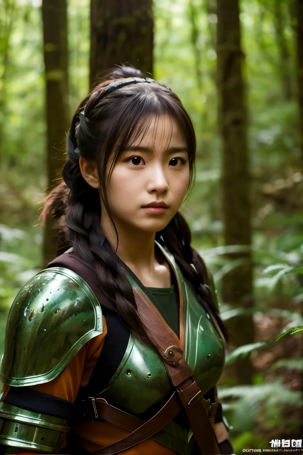 Beautiful girl warrior preparing for battle in deep forest。