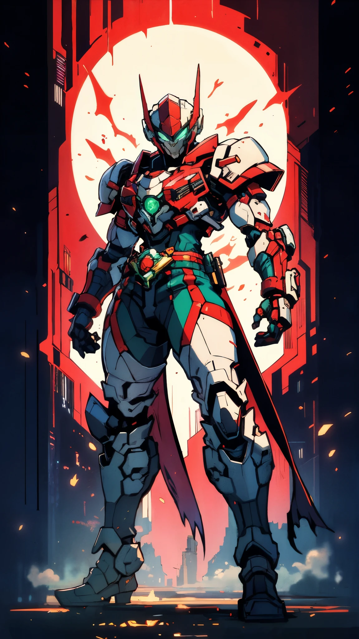 A man wearing a full-face helmet, a fantasy-style biotech armored combat suit, green eyes, (a composite layered chest armor), fully enclosed shoulder guards, matching arm and leg guards, the belt is adorned with fangs biting into orbs, (the color scheme is primarily black with red accents), the design balances heavy with agility, a high-tech bio-mecha armor, (Armor Concept Inspired by Bat, stand on the top of a skyscraper in a futuristic sci-fi city), this character embodies a finely crafted fantasy-surreal style armored hero in anime style, exquisite and mature manga art style, (element, plasma, energy, the armor glows), ((male:1.5)), metallic, real texture material, dramatic, high definition, best quality, highres, ultra-detailed, ultra-fine painting, extremely delicate, professional, perfect body proportions, golden ratio, anatomically correct, symmetrical face, extremely detailed eyes and face, high quality eyes, creativity, RAW photo, UHD, 32k, Natural light, cinematic lighting, masterpiece-anatomy-perfect, masterpiece:1.5