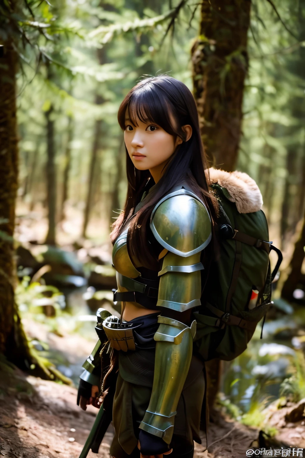 Beautiful girl warrior preparing for battle in deep forest。