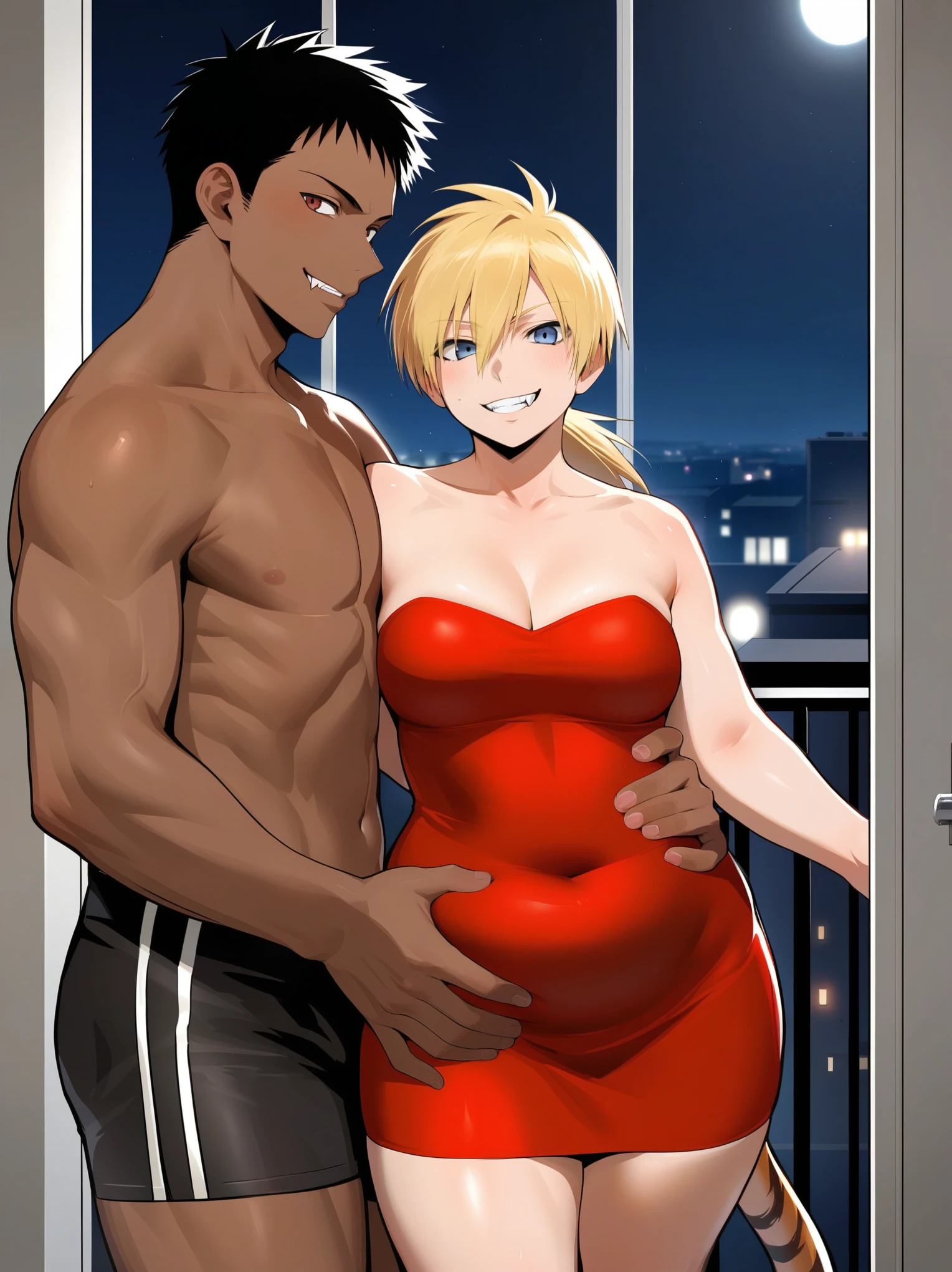 score_9, score_8_up, source_anime, standing, hellsing, seras, blonde hair, nude, indoors, night, night sky, nighttime, vampire, smirk, fangs, ikuchan, balcony, town background, clothed, male wearing shorts, muscular male, medium breasts, boyfriend, couple, sfw, looking at viewer, faceless male, dark skinned male, cuckold pov, ntr, netorare, standing side by side, standing, cuckolding, cuck, 1girl, 1boy, duo, ((duo focus)), black haired male, interracial, BLACKED, bbc, raceplay, smug, humiliation, ((faceless male)), ((size difference)), tall male, ((duo)), waist grab, ((dark skinned male))), gown, dress, bulge,  rating:safe, navel, short dress, red dress, furry, tiger, anthro on human, tiger girl, chubby, bbw, ((furry)), tiger fur, chubby body, ((bbw)), milf,  belly, 