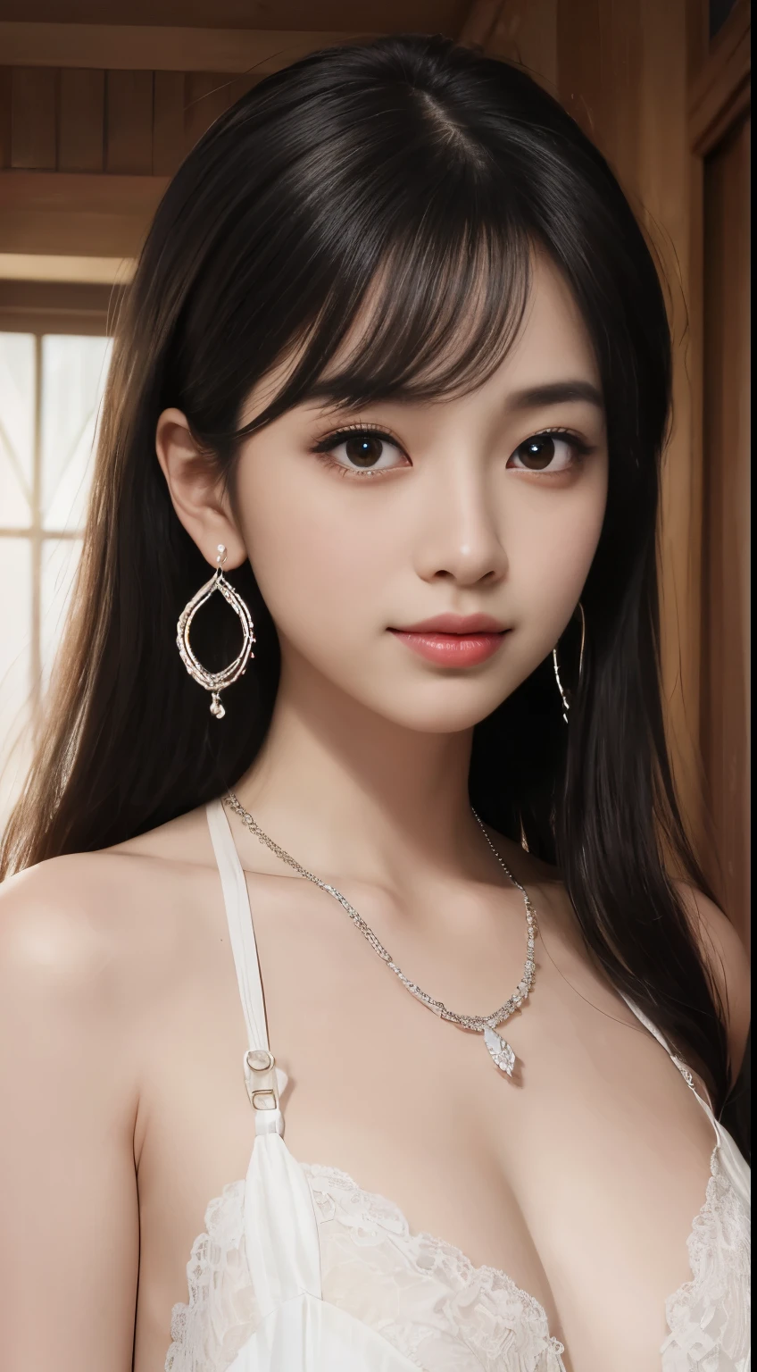 8k, Tabletop, RAW Photos, highest quality, Realistic, Highly detailed CG Unity 8k wallpaper, Depth of the written border, Cinematic Light, Lens flare, Ray Tracing, (Very beautiful face, Beautiful Lips, Beautiful Eyes), Intricately detailed faces, ((ultra high density skin)) 1 girl, In the Dark, Deep Shadow, Cute Korean Girl, ((Looking at the audience)),(Captivating smile), (Blurred Background), Earrings, bracelet, necklace, Clear Eyes, Bedroom, Front shot, (White skin), I'm looking forward to, (Big eyes), ((Upper Body Shot)), (( doll, White corset, Lace fabric)), (Camel Toe, shape), (Pink Hair:1.3), (ponytail), (Big Breasts:1.5), ((Camel Toe)), See through,