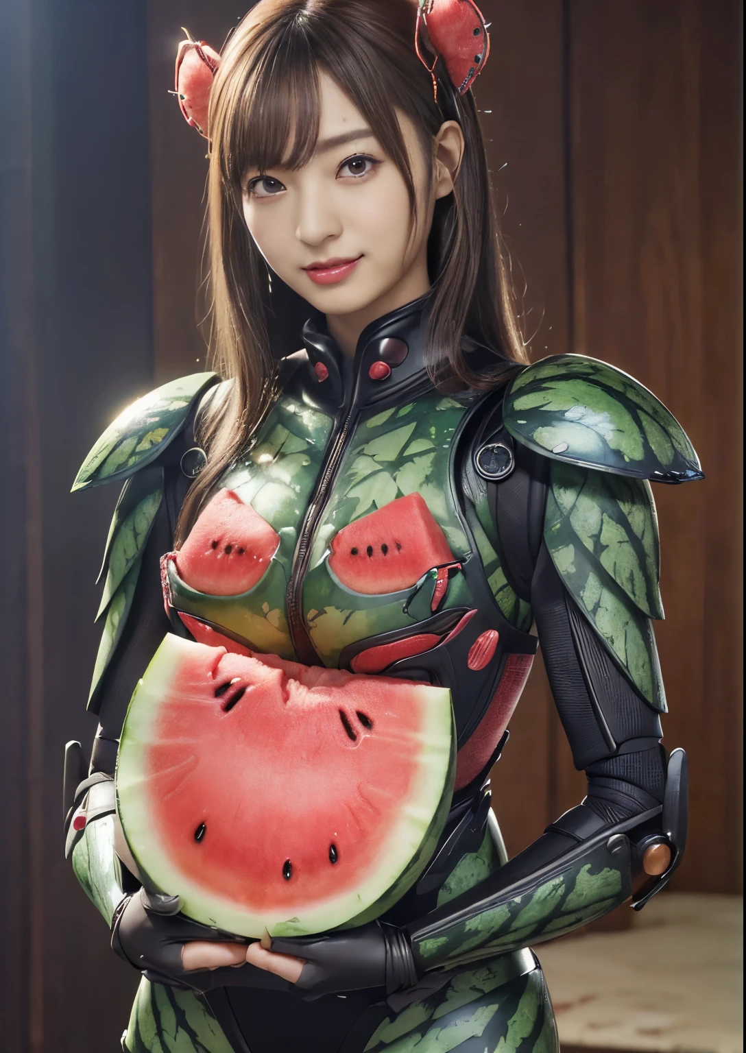 (high resolution,masterpiece,best quality,extremely detailed CG, anime, official art:1.4), realistic, photo, amazing fine details, all intricate, full body, gloss and shiny,awesome many layers, 8k wall paper, 3d, sketch, kawaii, illustration,( solo:1.4), perfect female proportion,villainess, (fusion of watermelon and lady:1.4), (watermelon balls breasts lady:1.2), (watermelon lady:1.2), (fusion:1.2), (solo:1.4), (evil smile:1.2), muscular, abs, (watermelon exoskeleton bio insect suit:1.4), (watermelon exoskeleton bio insect armor:1.2), (watermelon wing:1.4), (watermelon antennae:1.3),