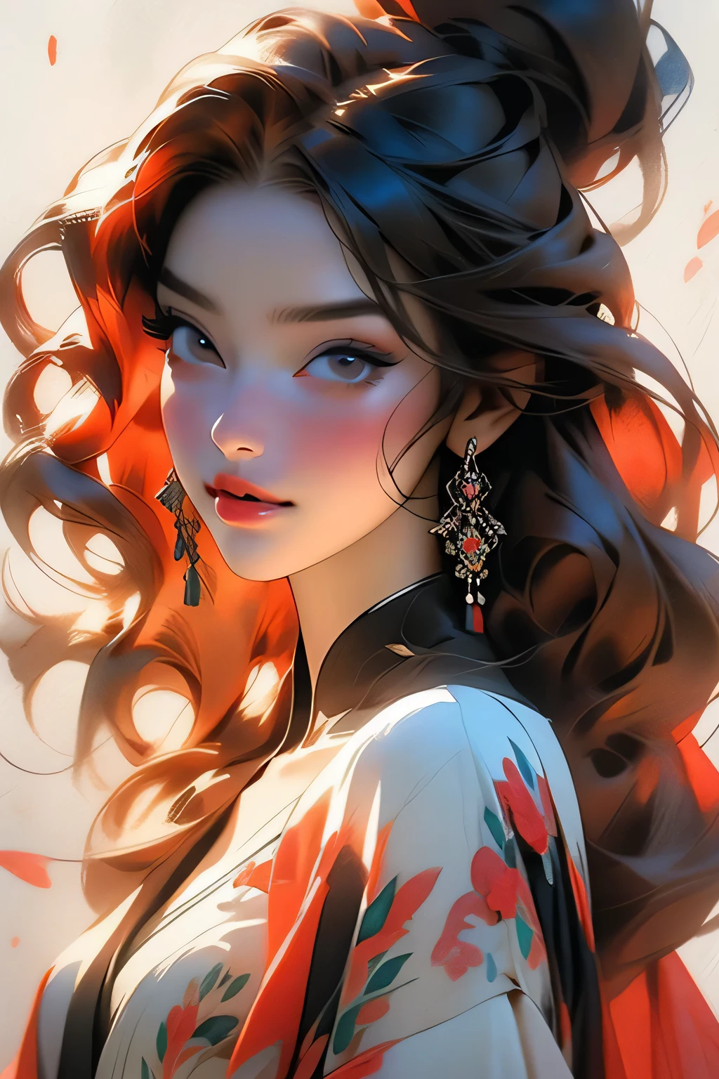 Beautiful woman with red hair and bright black eyes, (Wear elegant party clothes), Scattered contours and light particles background, Intricate details, Modest, watercolor, splash、masterpiece, 最high quality, high quality, High resolution, (((Portrait)))