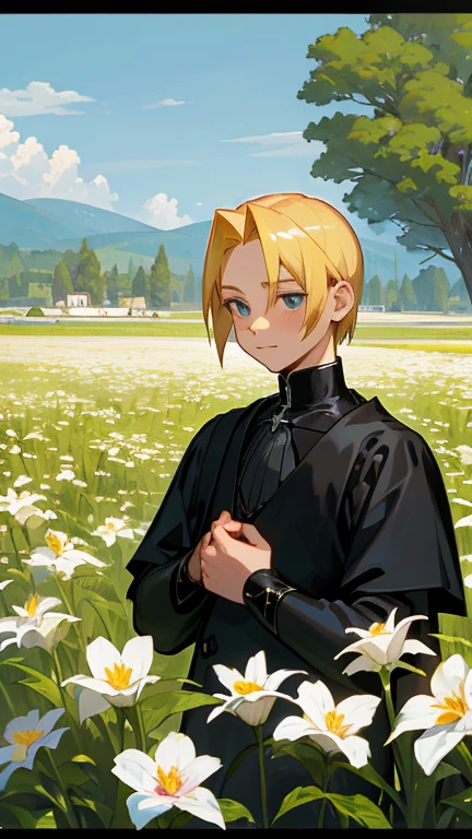 (absurd, high resolution, Super detailed), (Movie), (Ultra HD), Solitary, 1 person, Mature, Happy, Upper Body, Blonde short hair, fantasy, spring, garden, Shut up, (Movie, best quality, Ultra HD), ((official art)), ((Pop Art))contour, simple cabin, Delicate face, (Extremely detailed eyes), Fullmetal Alchemist,Edward Elric
,Alphonse Eric, ((noble)), (((Prince black clothing))), emperor, Duke, (((((Solitary)))))