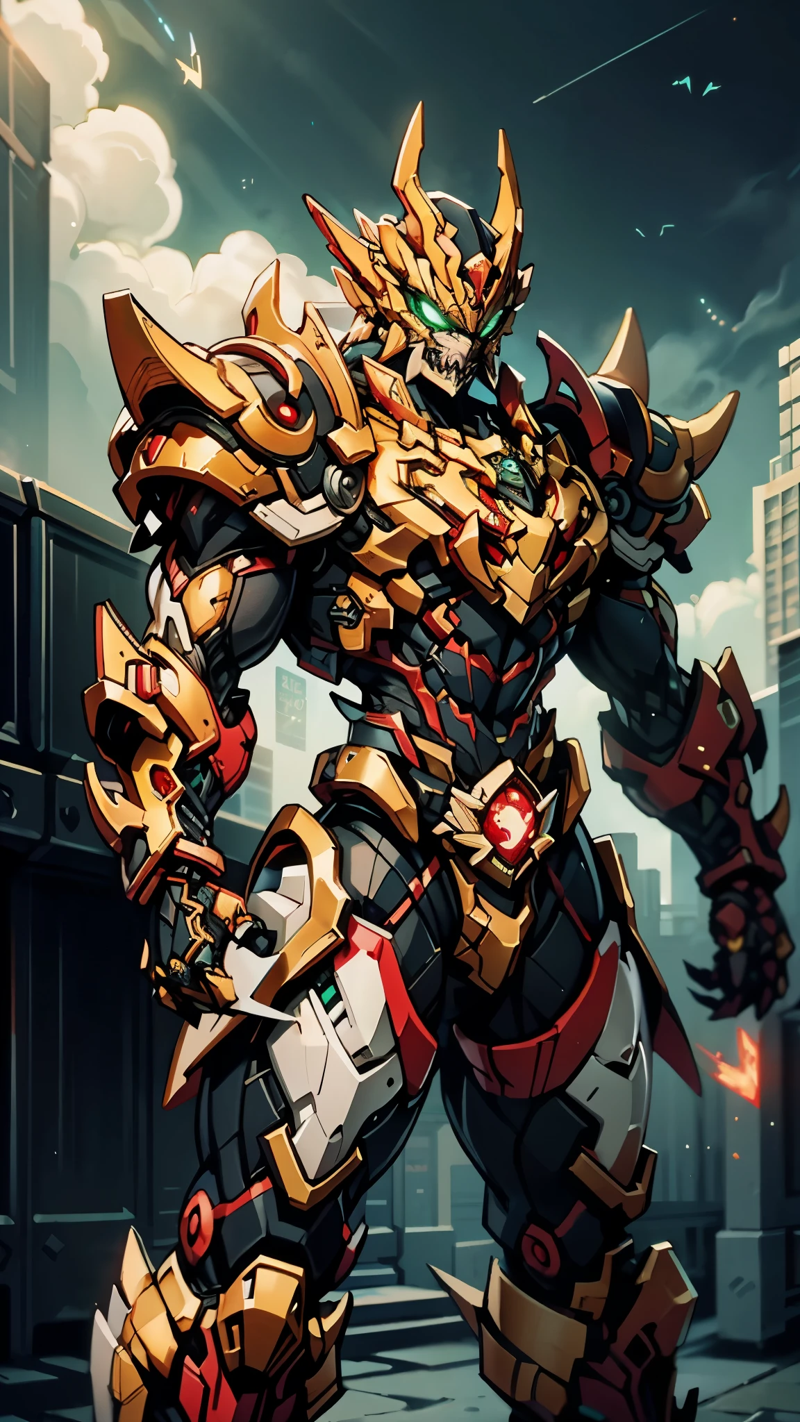 A man wearing a full-face helmet, a fantasy-style biotech armored combat suit, green eyes, (a composite layered chest armor), fully enclosed shoulder guards, matching arm and leg guards, the belt is adorned with fangs biting into orbs, (the color scheme is primarily black with red accents), the design balances heavy with agility, a high-tech bio-mecha armor, (Armor Concept Inspired by Bat, stand on the top of a skyscraper in a futuristic sci-fi city), this character embodies a finely crafted fantasy-surreal style armored hero in anime style, exquisite and mature manga art style, (element, plasma, energy, the armor glows), ((male:1.5)), metallic, real texture material, dramatic, high definition, best quality, highres, ultra-detailed, ultra-fine painting, extremely delicate, professional, perfect body proportions, golden ratio, anatomically correct, symmetrical face, extremely detailed eyes and face, high quality eyes, creativity, RAW photo, UHD, 32k, Natural light, cinematic lighting, masterpiece-anatomy-perfect, masterpiece:1.5