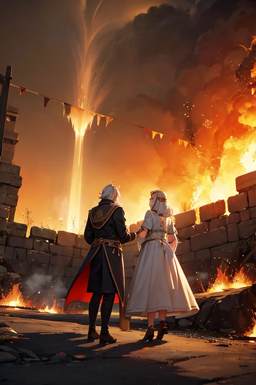 Old King and old queen are standing on a battleground. there are wall of fire behind them.