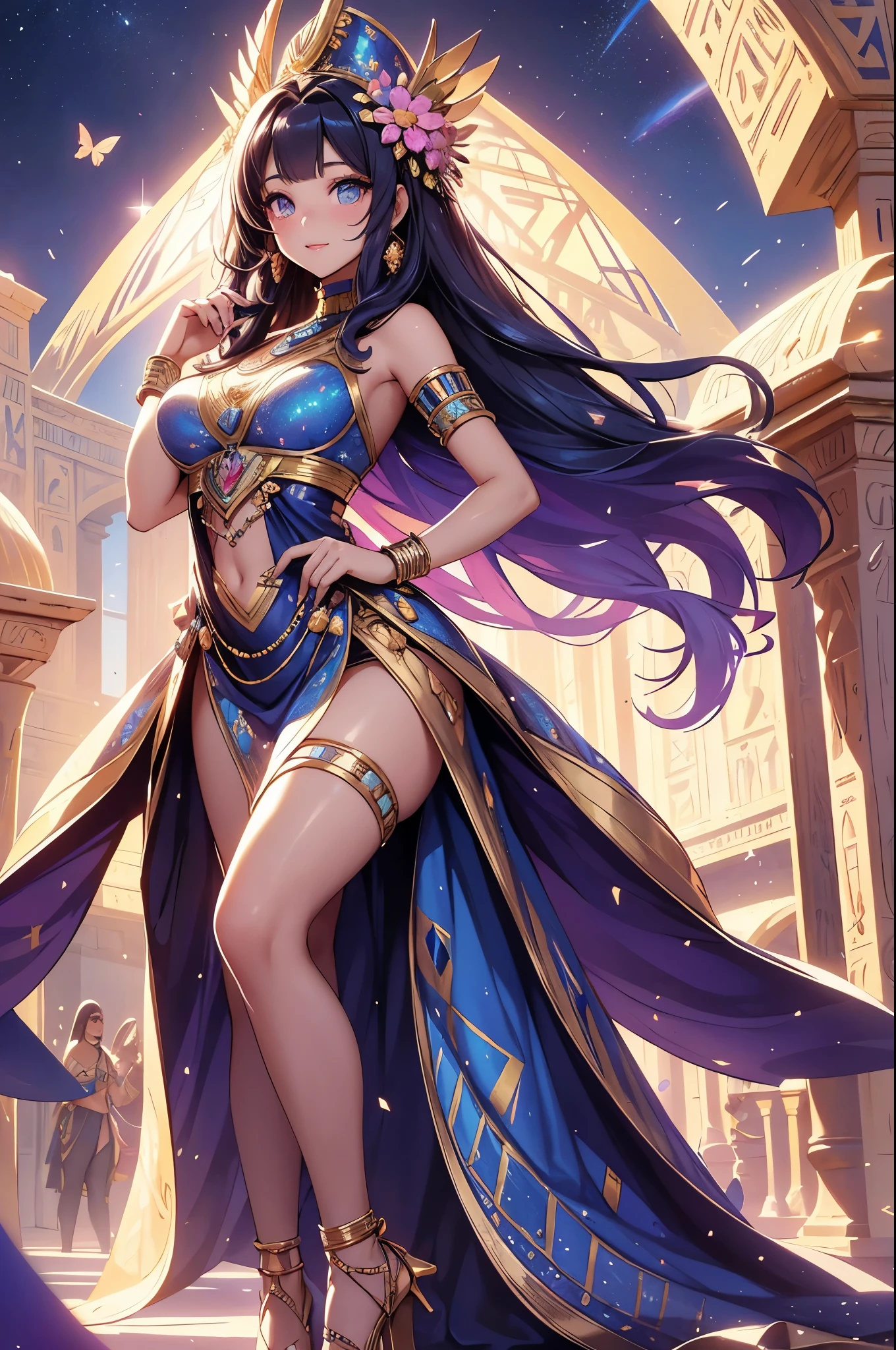 (best quality,4k,8k,highres,masterpiece:1.2),ultra-detailed,(realistic,photorealistic,photo-realistic:1.37),acrylic painting,beautiful Egyptian model in a Lolita dress with downy hair,beautiful Egyptian model with extremely colorful hair and detailed facial features,beautiful Egyptian model standing in a beautiful garden surrounded by a starry sky,beautiful Egyptian model wearing a vibrant Lolita dress,beautiful Egyptian model with intricate accessories and a matching hat,beautiful Egyptian model posing gracefully with her hands on her hips,beautiful Egyptian model with long flowing twintails,beautiful Egyptian model with bright blue eyes and rosy lips,beautiful Egyptian model with a joyful expression,beautiful Egyptian model in a dynamic pose with cherry blossoms falling around her,beautiful Egyptian model surrounded by colorful flowers and butterflies,beautiful Egyptian model's dress adorned with cute bows and lace details,beautiful Egyptian model with an enchanting smile,beautiful Egyptian model with soft, pastel-colored shading,beautiful Egyptian model with a magical glow illuminating her,beautiful Egyptian model in a picturesque setting with a winding path leading to a magnificent castle,beautiful Egyptian model holding a microphone and singing passionately,beautiful Egyptian model with a fairytale-like background,beautiful Egyptian model with a soft, dreamy atmosphere,beautiful Egyptian model with a subtle bokeh effect,beautiful Egyptian model standing under a moonlit sky,beautiful Egyptian model with a warm, golden sunset in the background,beautiful Egyptian model surrounded by twinkling stars and colorful nebulae,creating an ethereal and captivating artistic masterpiece.
