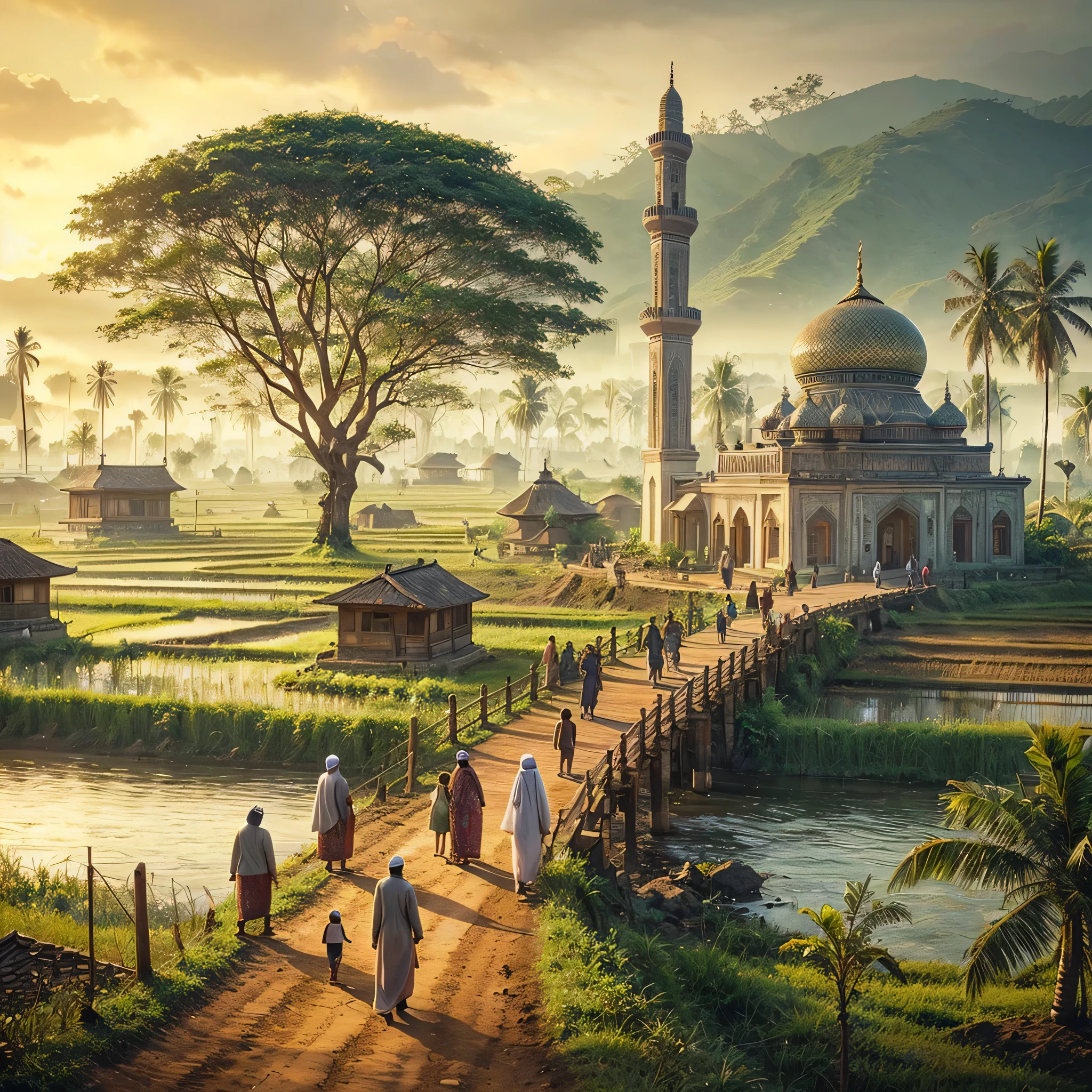 a group of people walking down a dirt road, a detailed matte painting, by Rudy Siswanto, sumatraism, with beautiful mosques, an indonesian family portrait, islamic art, bridge between the worlds, andrey gordeev, blissful journey