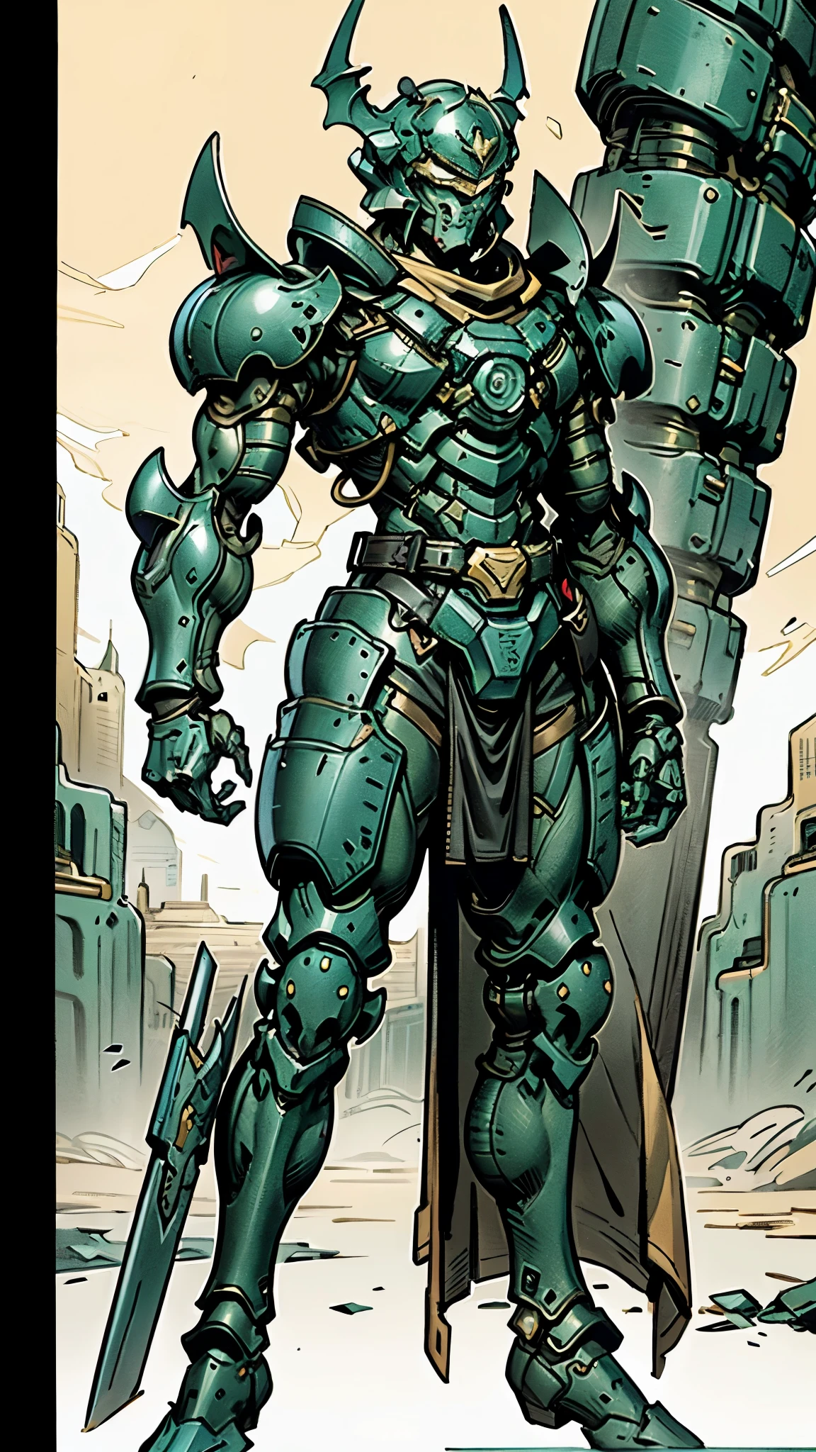 A man wearing a full-face helmet, a fantasy-style biotech armored combat suit, green eyes, (a composite layered chest armor), fully enclosed shoulder guards, matching arm and leg guards, the belt is adorned with fangs biting into orbs, (the color scheme is primarily black with red accents), the design balances heavy with agility, a high-tech bio-mecha armor, (Armor Concept Inspired by Bat, stand on the top of a skyscraper in a futuristic sci-fi city), this character embodies a finely crafted fantasy-surreal style armored hero in anime style, exquisite and mature manga art style, (element, plasma, energy, the armor glows), ((male:1.5)), metallic, real texture material, dramatic, high definition, best quality, highres, ultra-detailed, ultra-fine painting, extremely delicate, professional, perfect body proportions, golden ratio, anatomically correct, symmetrical face, extremely detailed eyes and face, high quality eyes, creativity, RAW photo, UHD, 32k, Natural light, cinematic lighting, masterpiece-anatomy-perfect, masterpiece:1.5