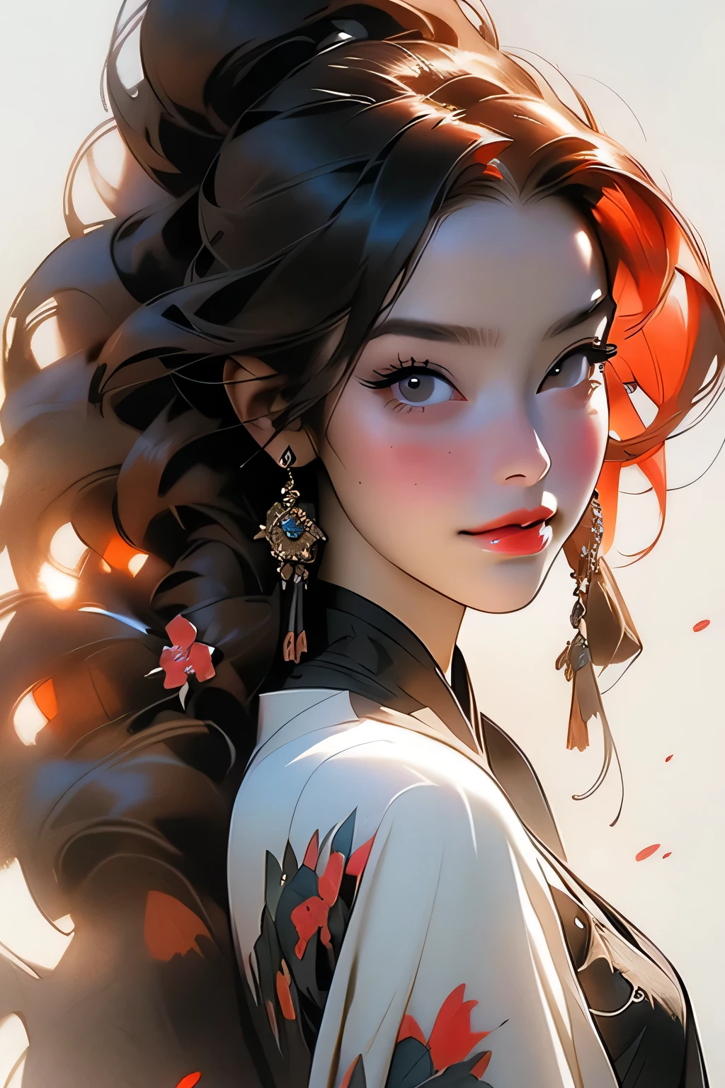 Beautiful woman with red hair and bright black eyes, (Wear elegant party clothes), Scattered contours and light particles background, Intricate details, Modest, watercolor, splash、masterpiece, 最high quality, high quality, High resolution, (((Portrait)))