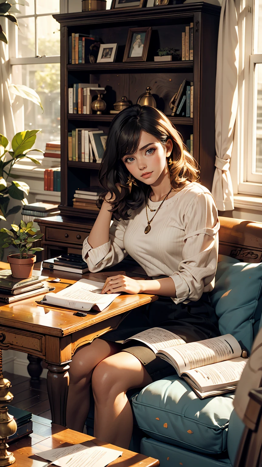 living room, sofa, window, curtain, Speckled sunlight, Potted plants, table, cupboard,Bookshelf, paper, Desk lamp, Typewriter, Girl sitting on sofa、smile