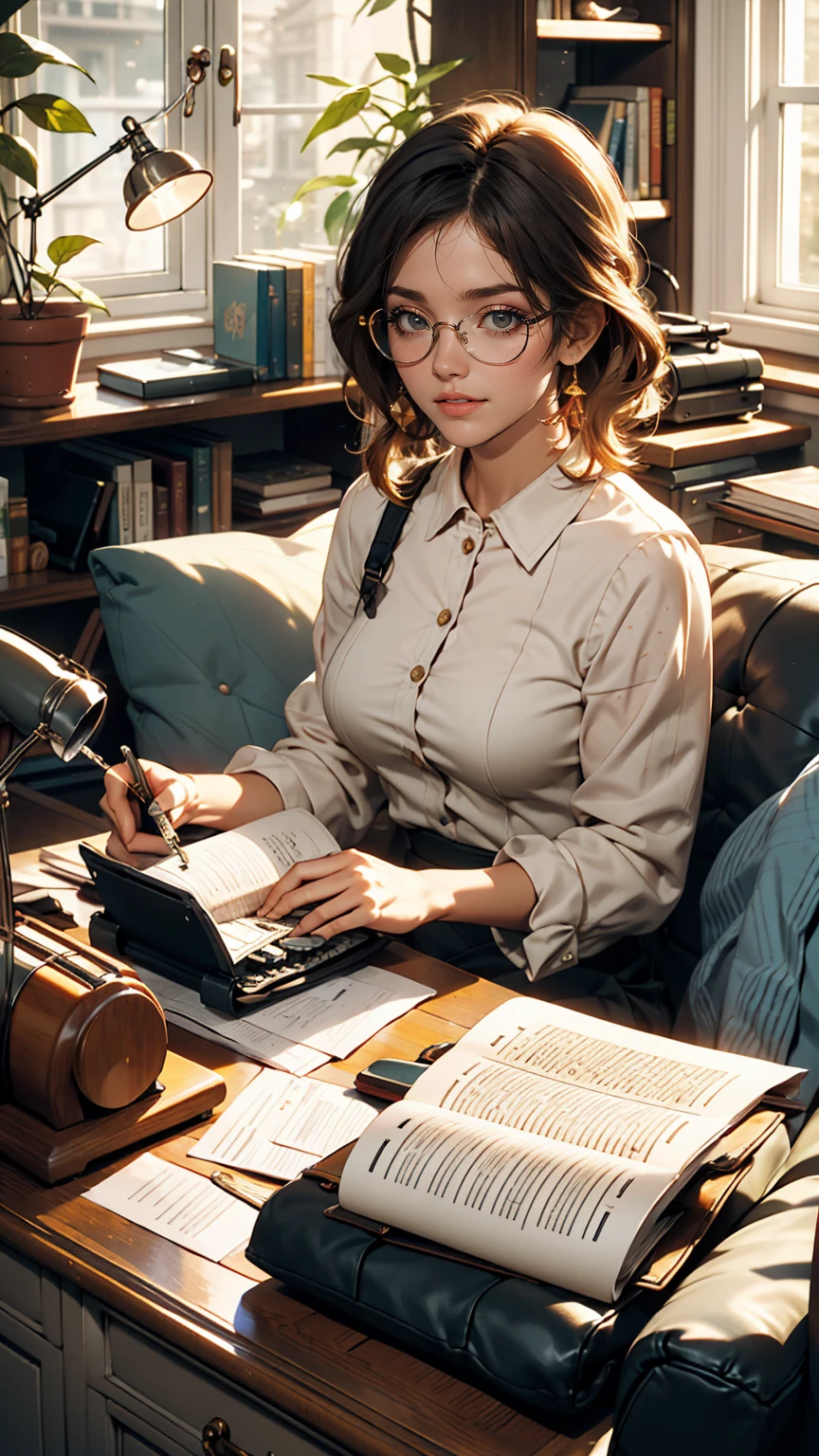 living room, sofa, window, curtain, Speckled sunlight, Potted plants, table, cupboard,Bookshelf, paper, Desk lamp, Typewriter, Girl sitting on sofa、smile