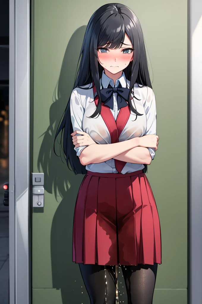 A woman with very long black hair and (very long bangs:1.5), wearing a and skirt, blazer, pantyhose, standing. The artwork is inspired by manga and incorporates a doujin style. The woman appears to be (wetting herself:1.5), which causes her to feel embarrassed and humiliated, resulting in a blush on her face. In addition, there is an air of anger in her expression. The lighting in the scene is moody, with a spotlight highlighting the woman's figure. She is crossing her arms, (arms crossed:1.5), fully showcasing her skirt., large breasts